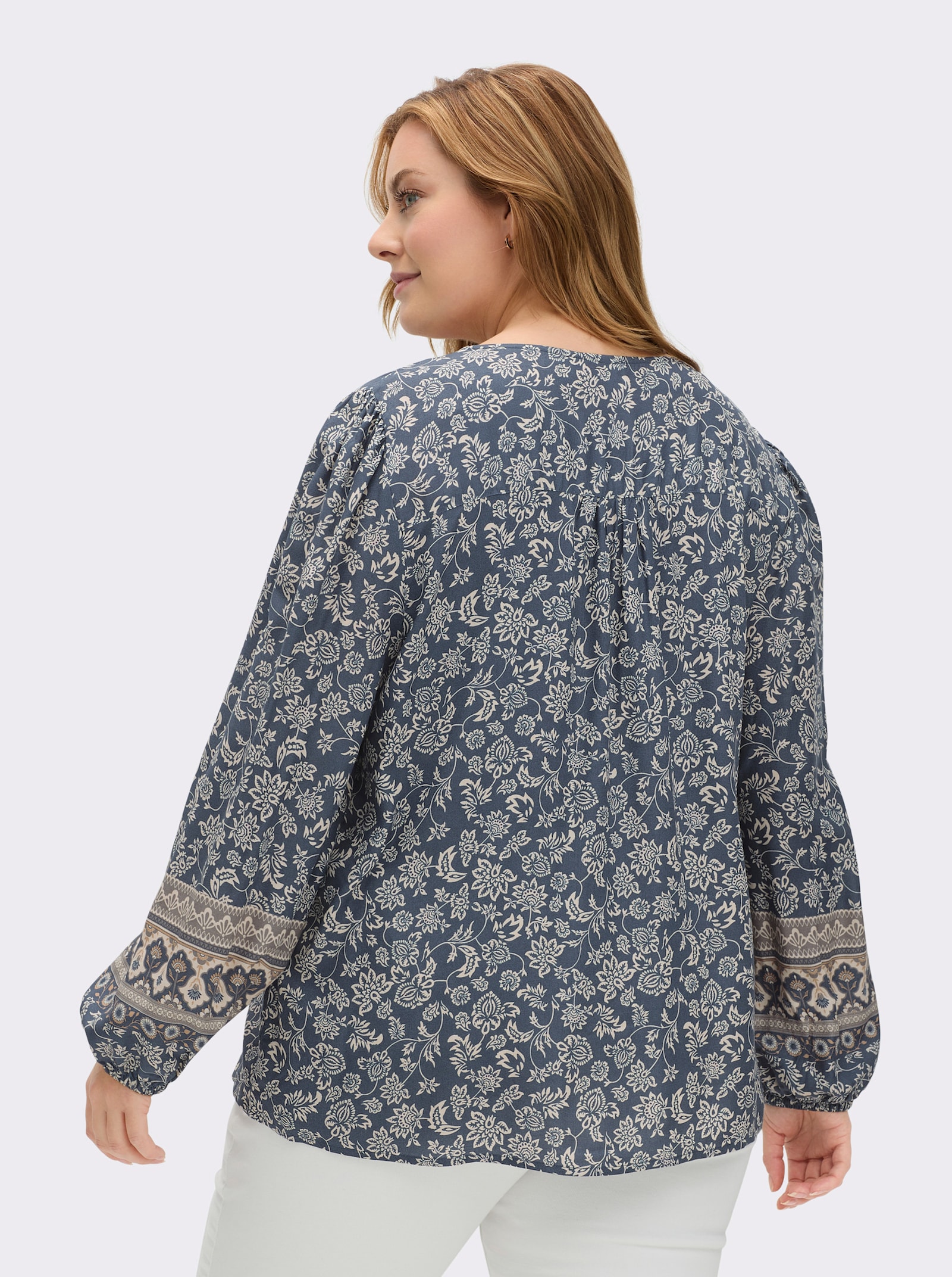 Druckbluse in Tunikaform - rauchblau-champagner-bedruckt