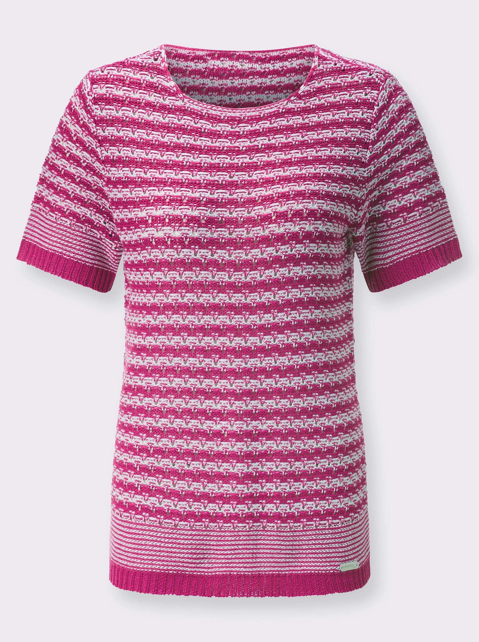 Kurzarmpullover aus Bändchengarn - fuchsia-weiß-gemustert