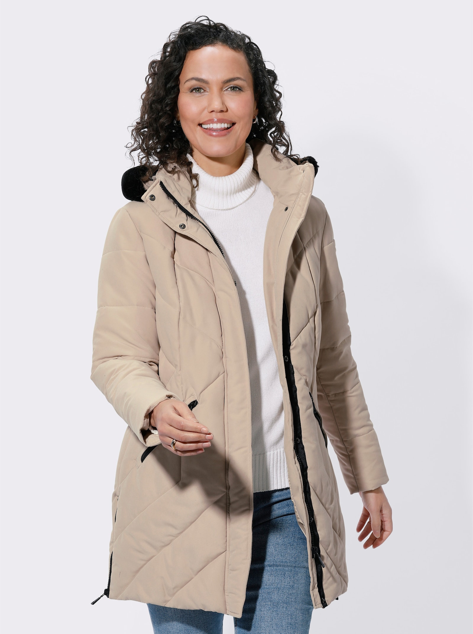 Steppjacke mit Pelz-Imitat-Besatz - beige