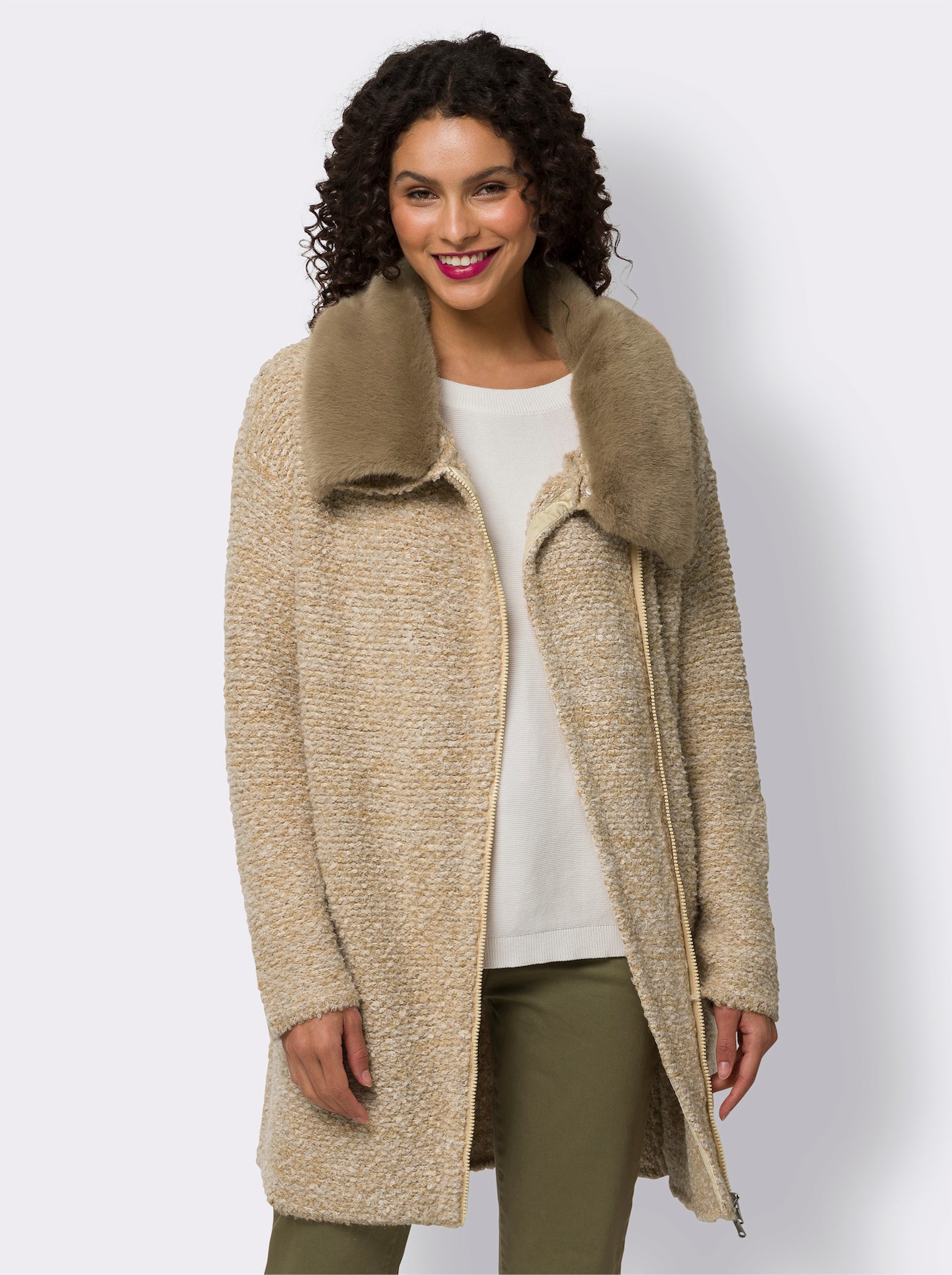 heine Veste longue en tricot avec col imitation fourrure - chamois-sable chiné
