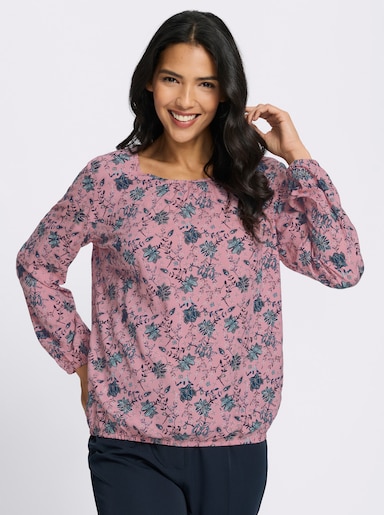 Schlupfbluse mit Raffung am Ausschnitt - rosenquarz-marine-bedruckt