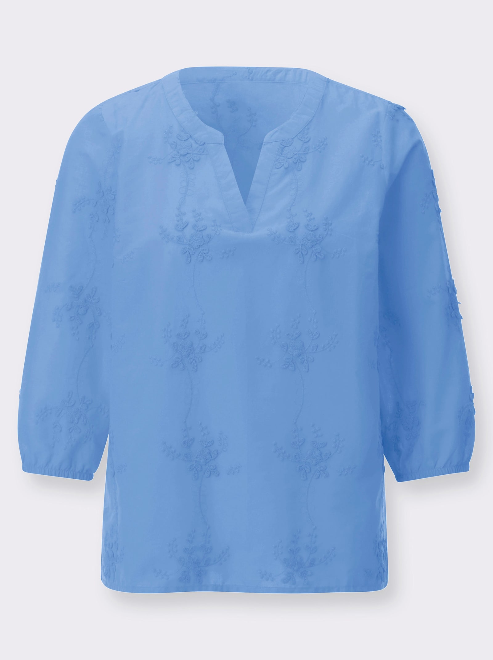 Baumwollbluse mit 3D-Blütenstickerei - himmelblau