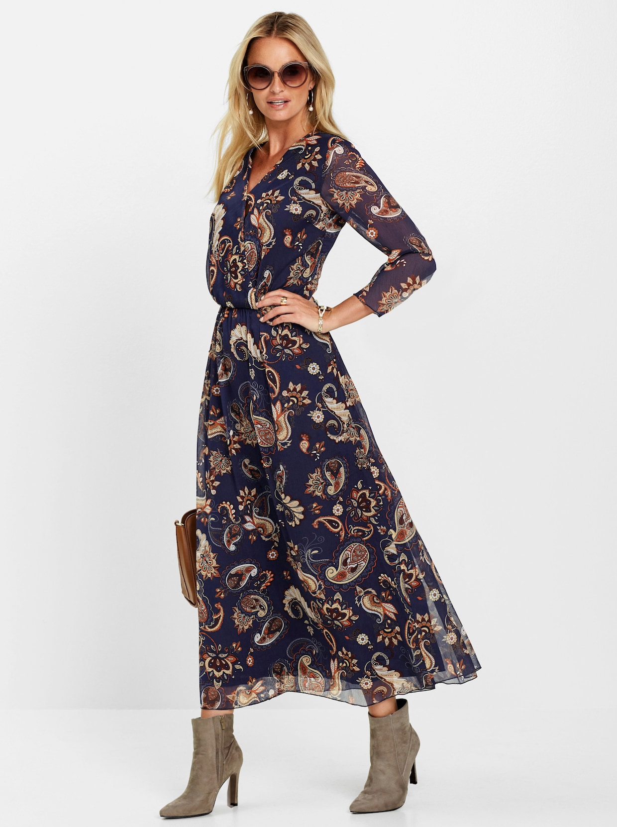 Robe longue en mousseline avec imprimé floral - bleu foncé - motifs