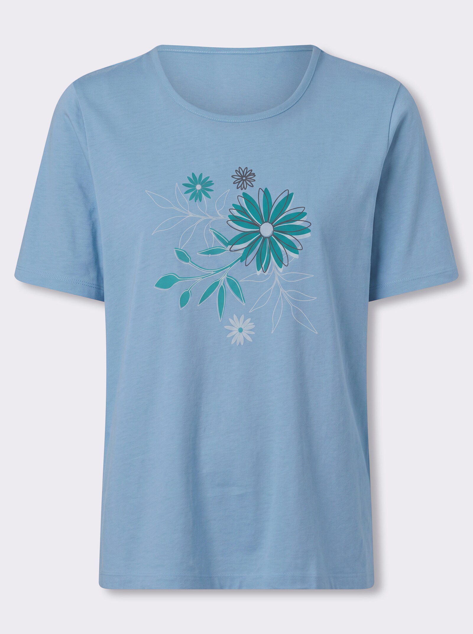 Kurzarmshirt mit Büten-Motiv - himmelblau-ozean