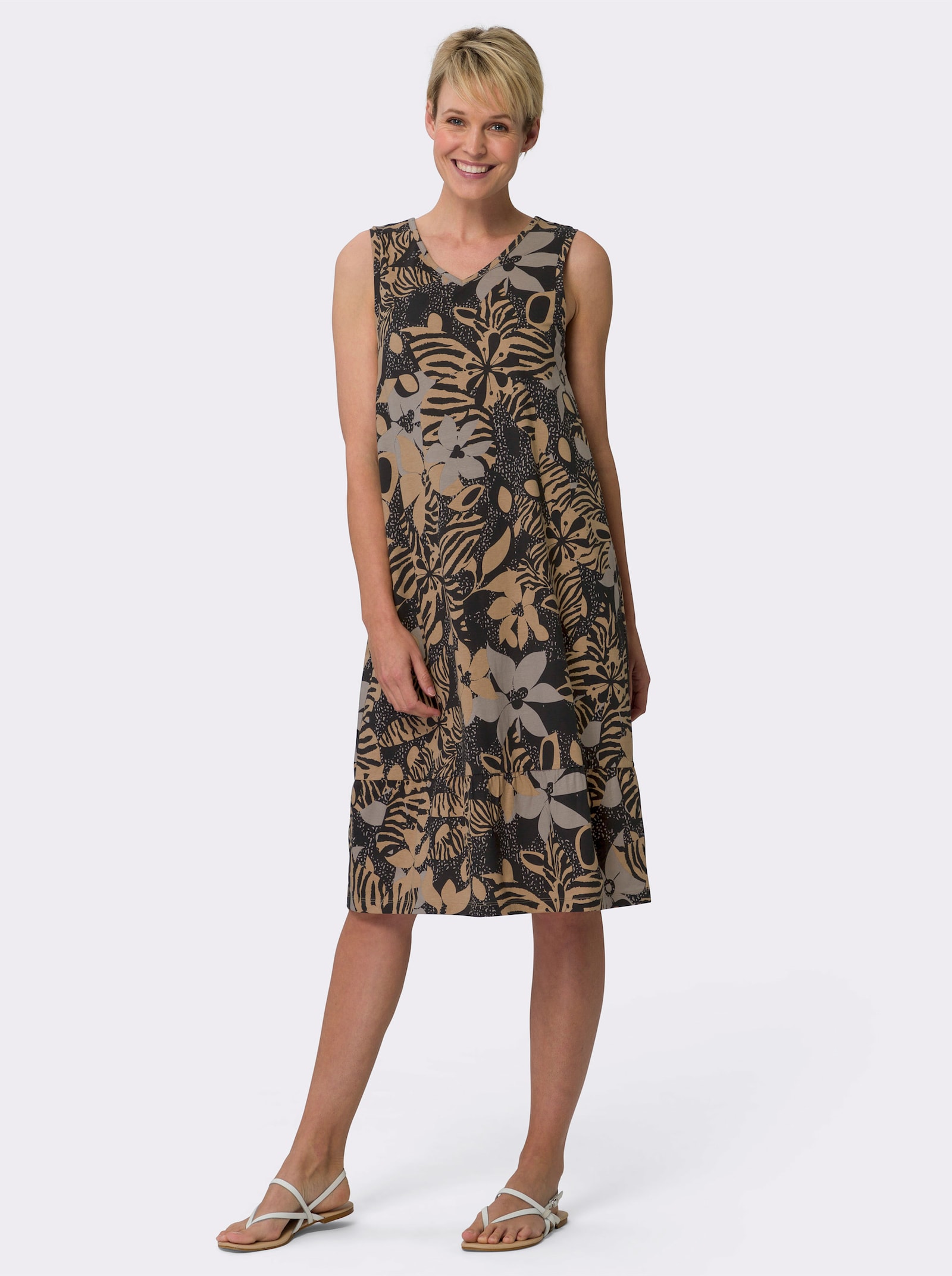 Sommerkleid mit Volants - schwarz-camel-bedruckt