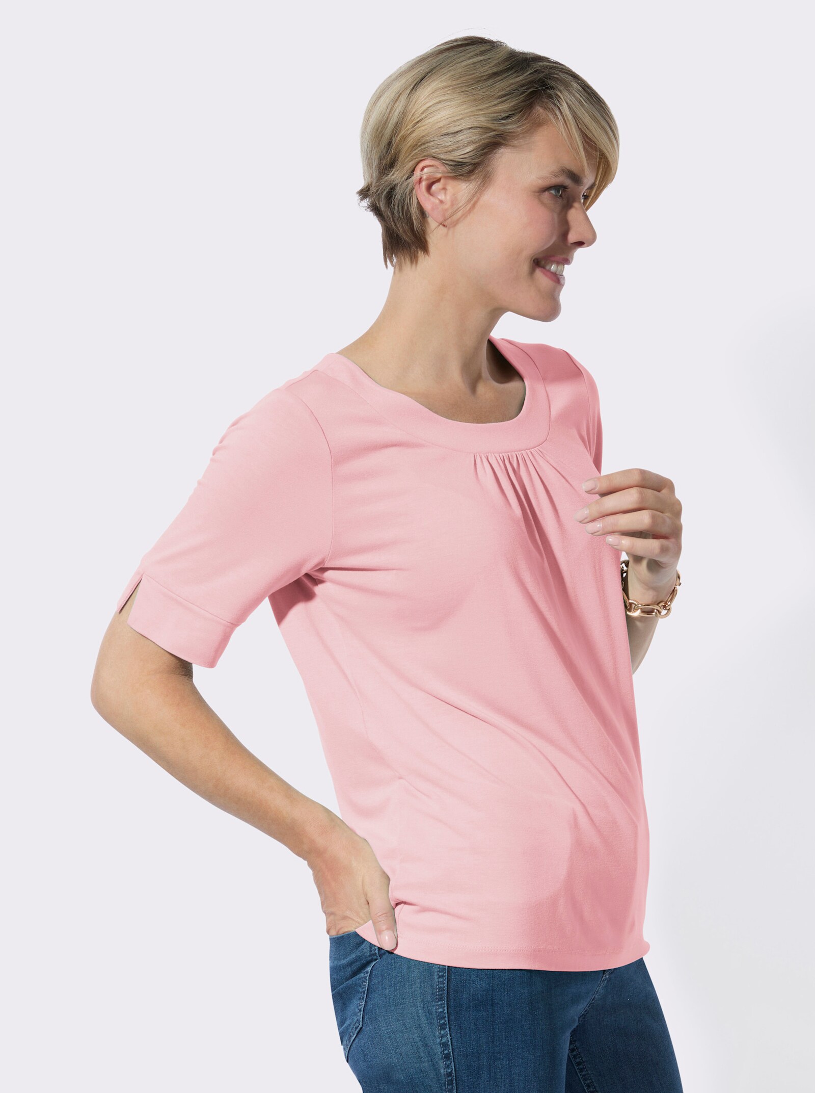 Rundhalsshirt mit dezenter Raffung - rosé
