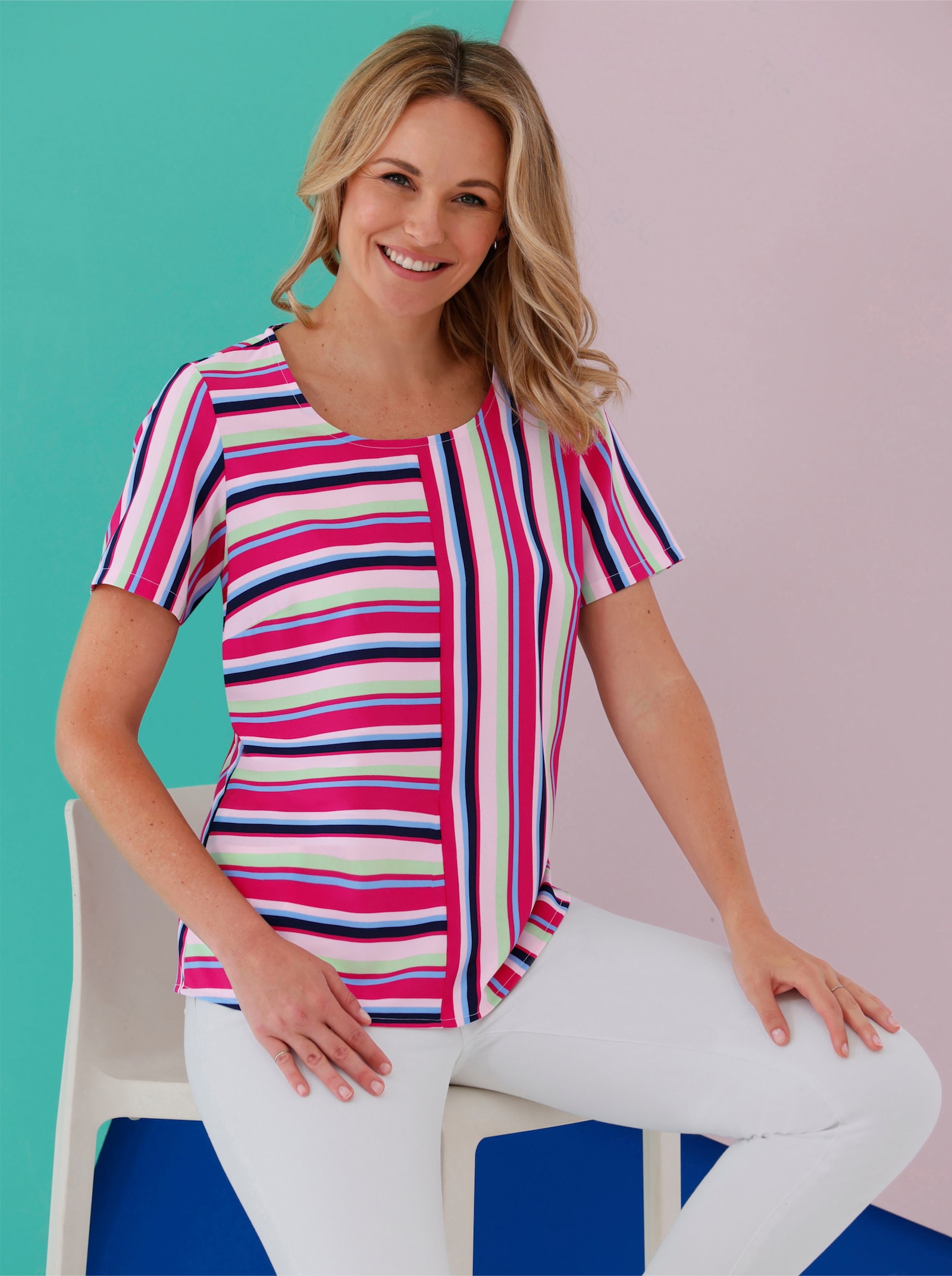 Schlupfbluse im Streifen-Dessin - hellrosé-himmelblau-gestreift