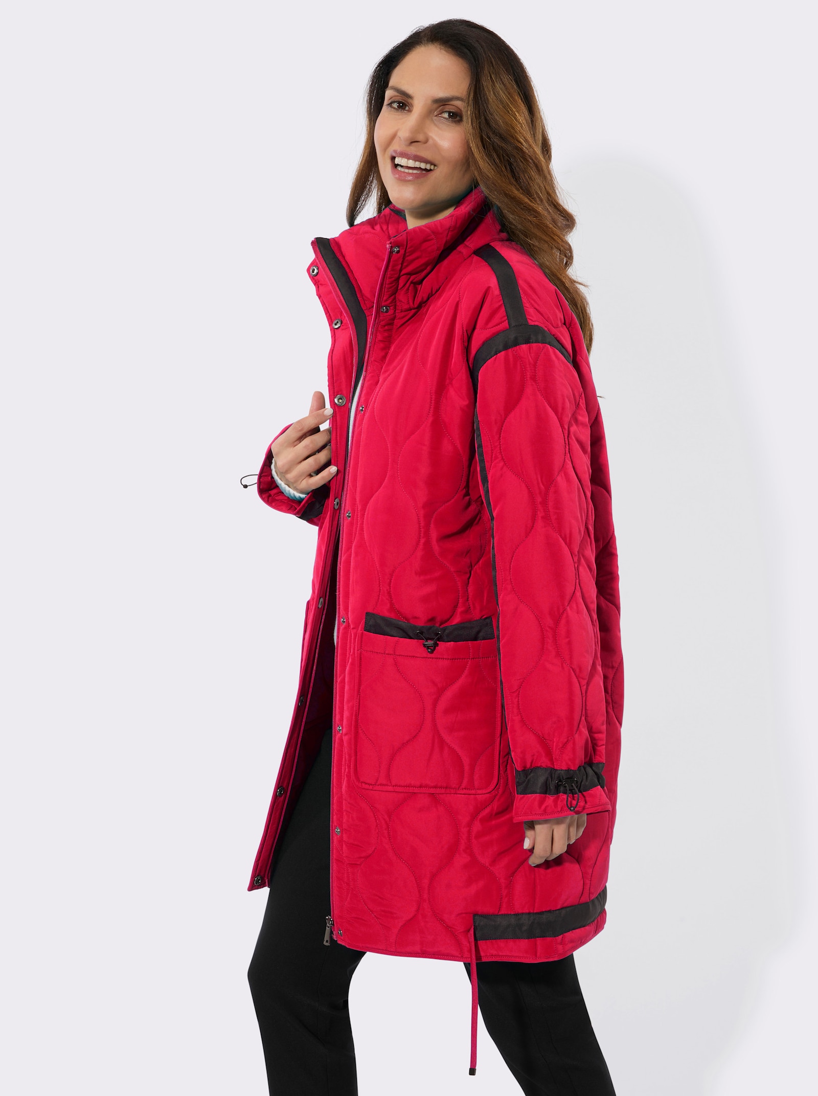 Steppjacke in Longform - rot-schwarz