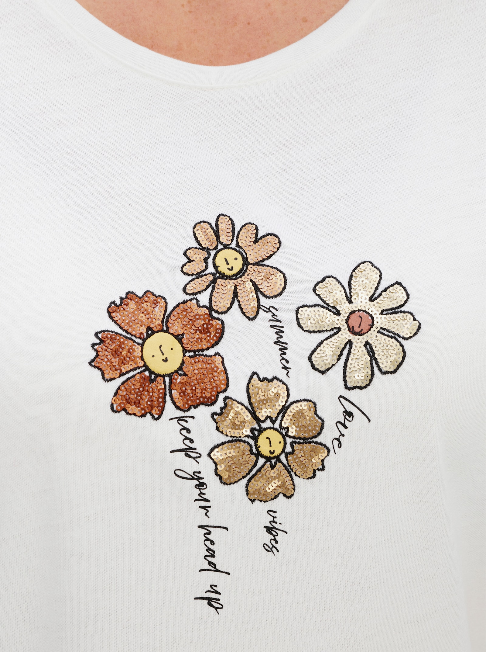 Rundhalsshirt mit Pailletten-Blüten - ecru