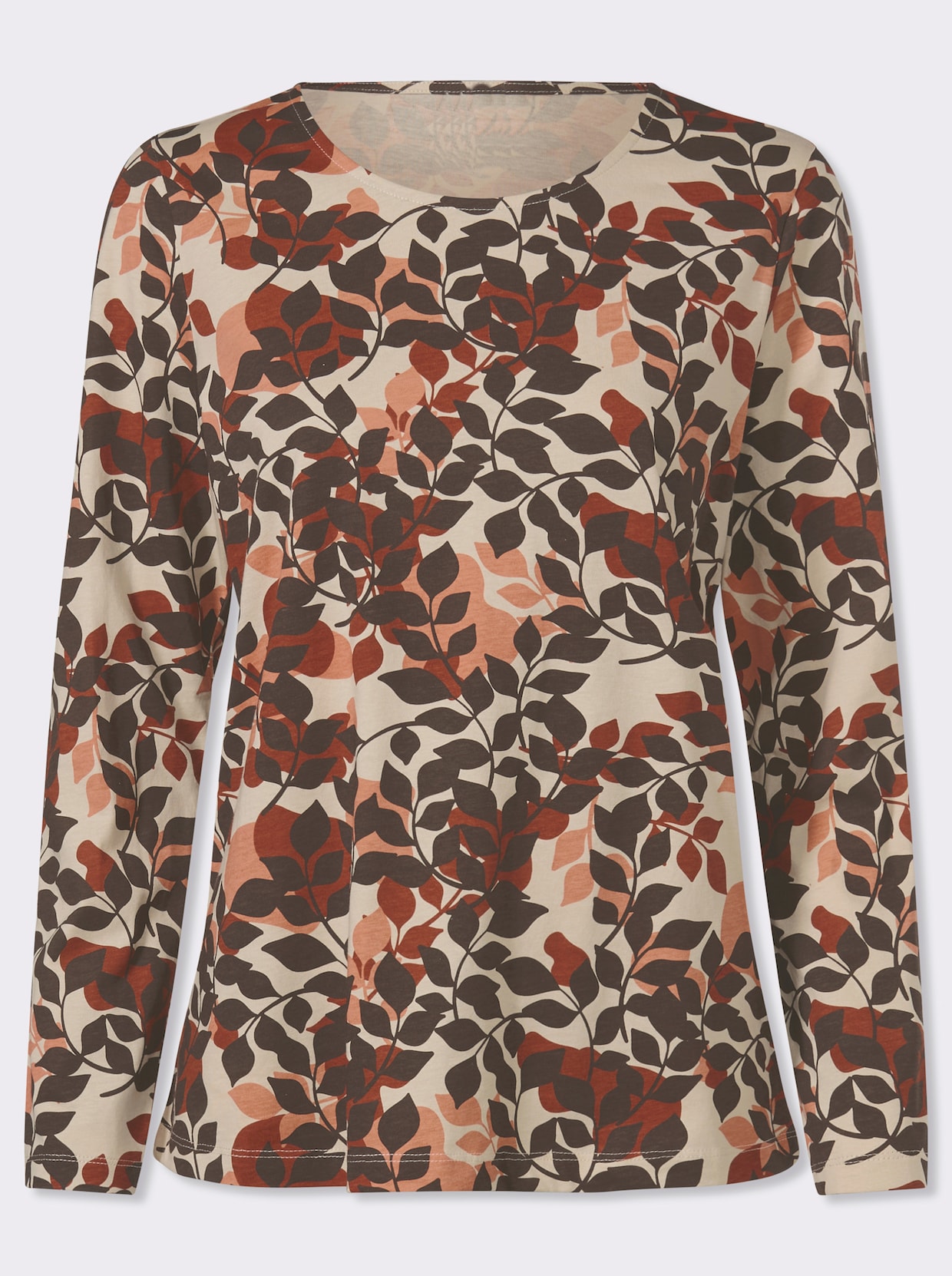 Langarmshirt im Blätter-Dessin - rostrot-schoko-bedruckt