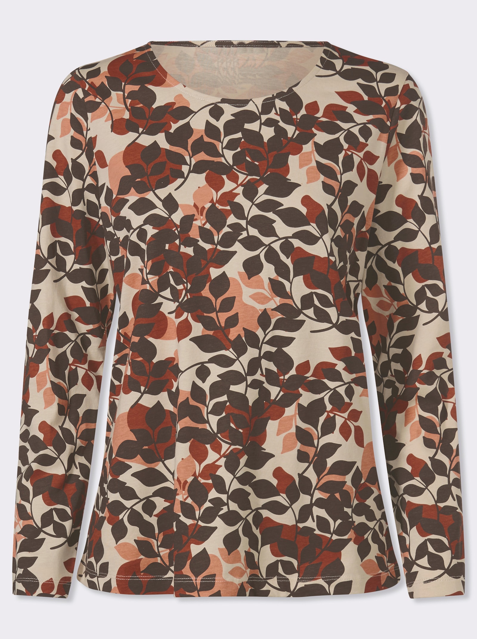 Langarmshirt im Blätter-Dessin - rostrot-schoko-bedruckt