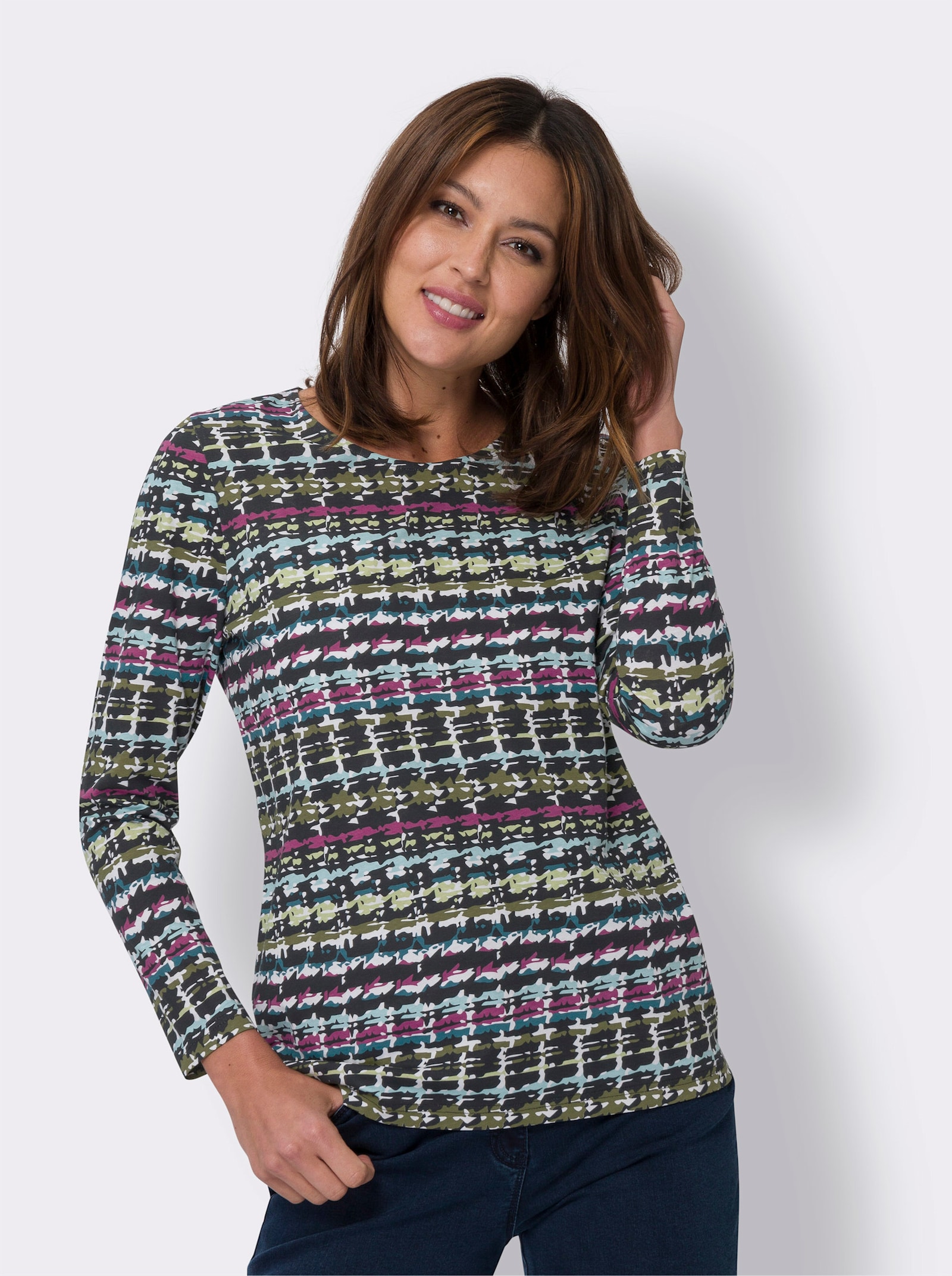 Rundhalsshirt aus reiner Baumwolle - ecru-topas-bedruckt