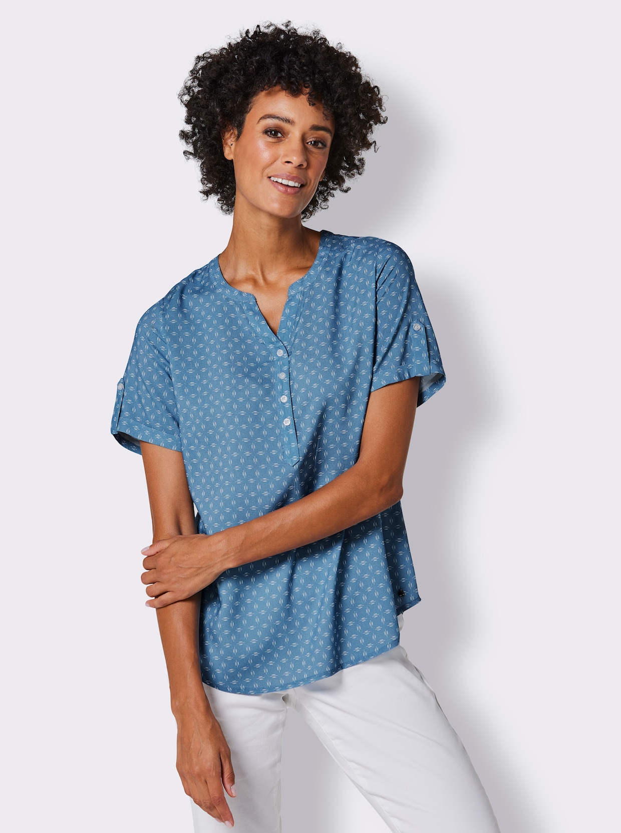 CREATION L PREMIUM Modal-Bluse - mittelblau-weiß-bedruckt