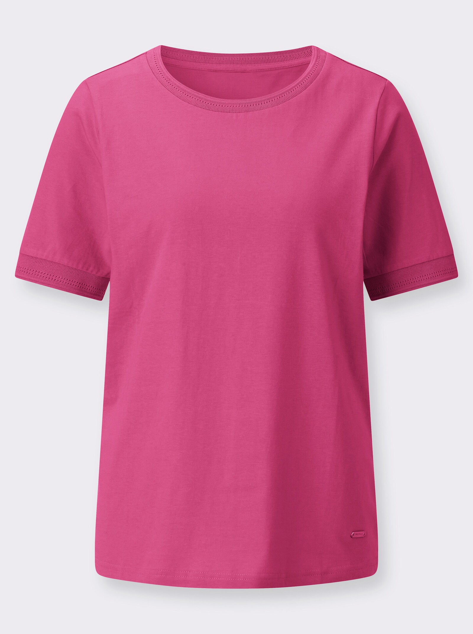 Rundhalsshirt mit Ajourmuster an Kragen und Ärmeln - fuchsia