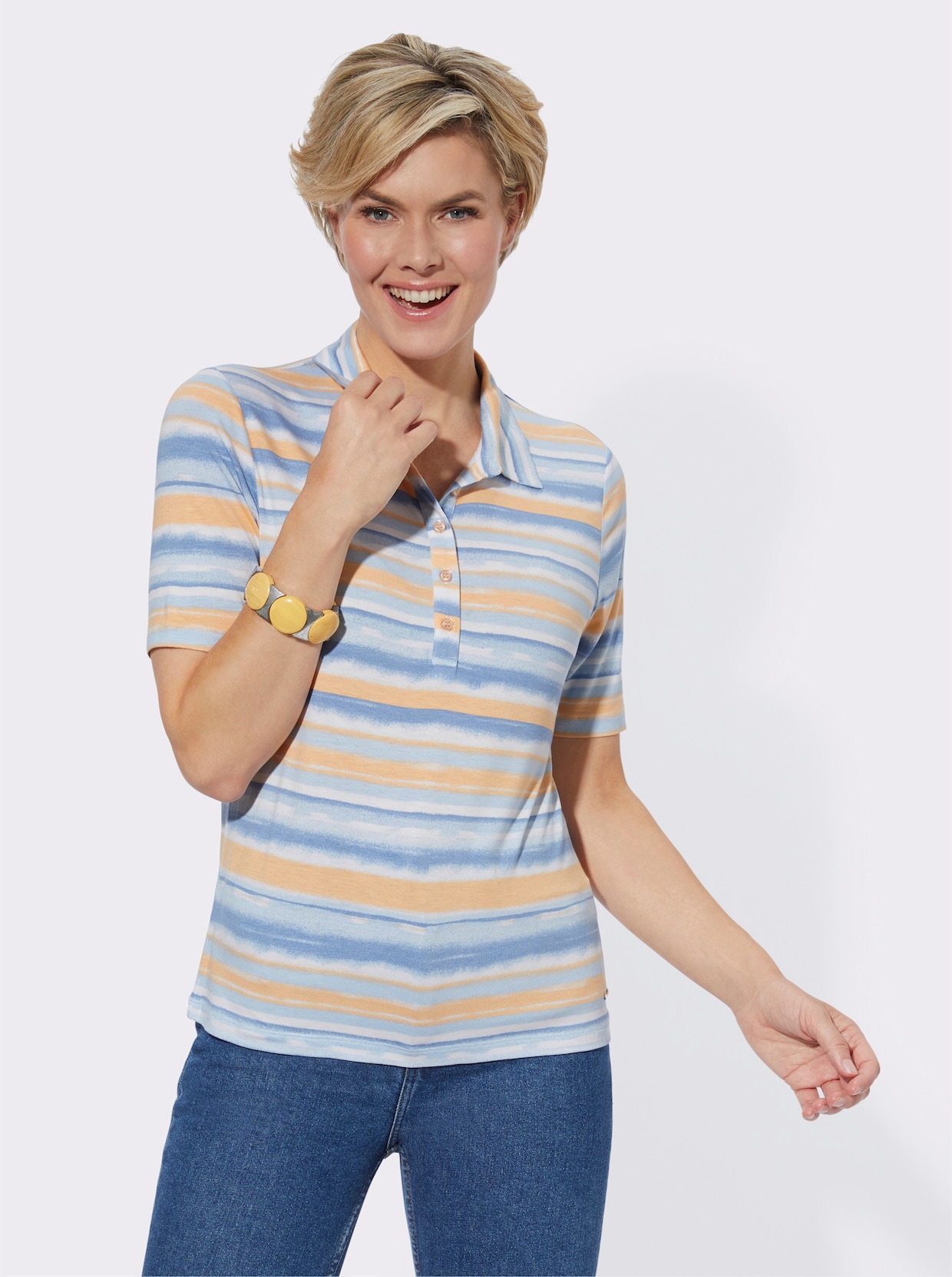 Poloshirt - eisblau-apricot-geringelt