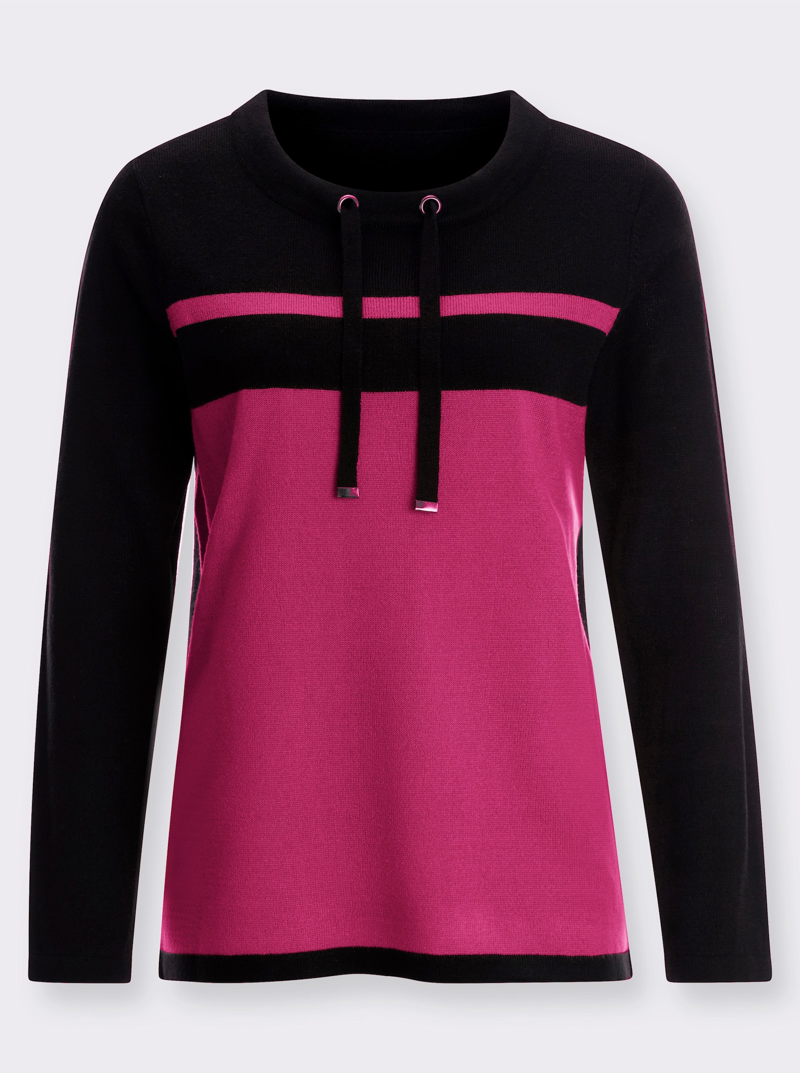 Langarm-Pullover mit Tunnelzug am Rundhals-Ausschnitt - schwarz-pink