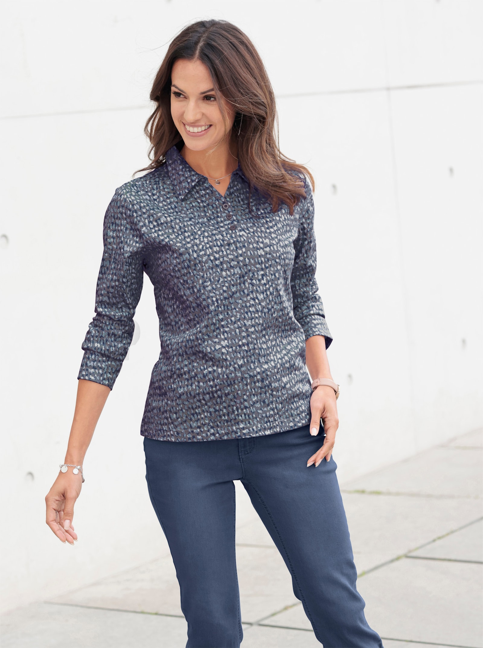 Poloshirt met knoopsluiting - donkerblauw/steengrijs bedrukt