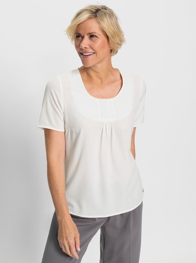 Kurzarmbluse mit Falten am Ausschnitt - ecru
