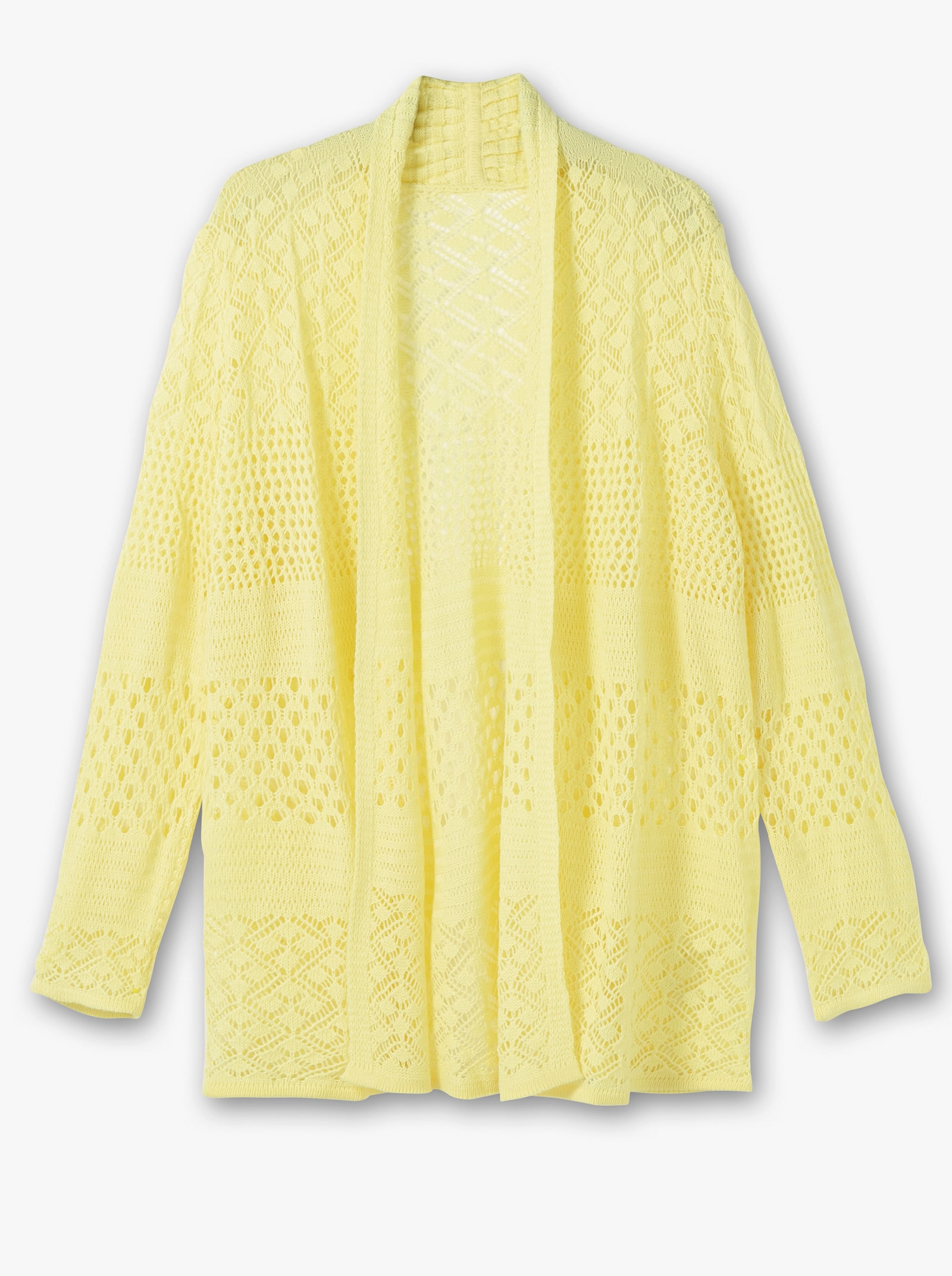 Ajourstrickjacke in langer, offener Form - zitrone