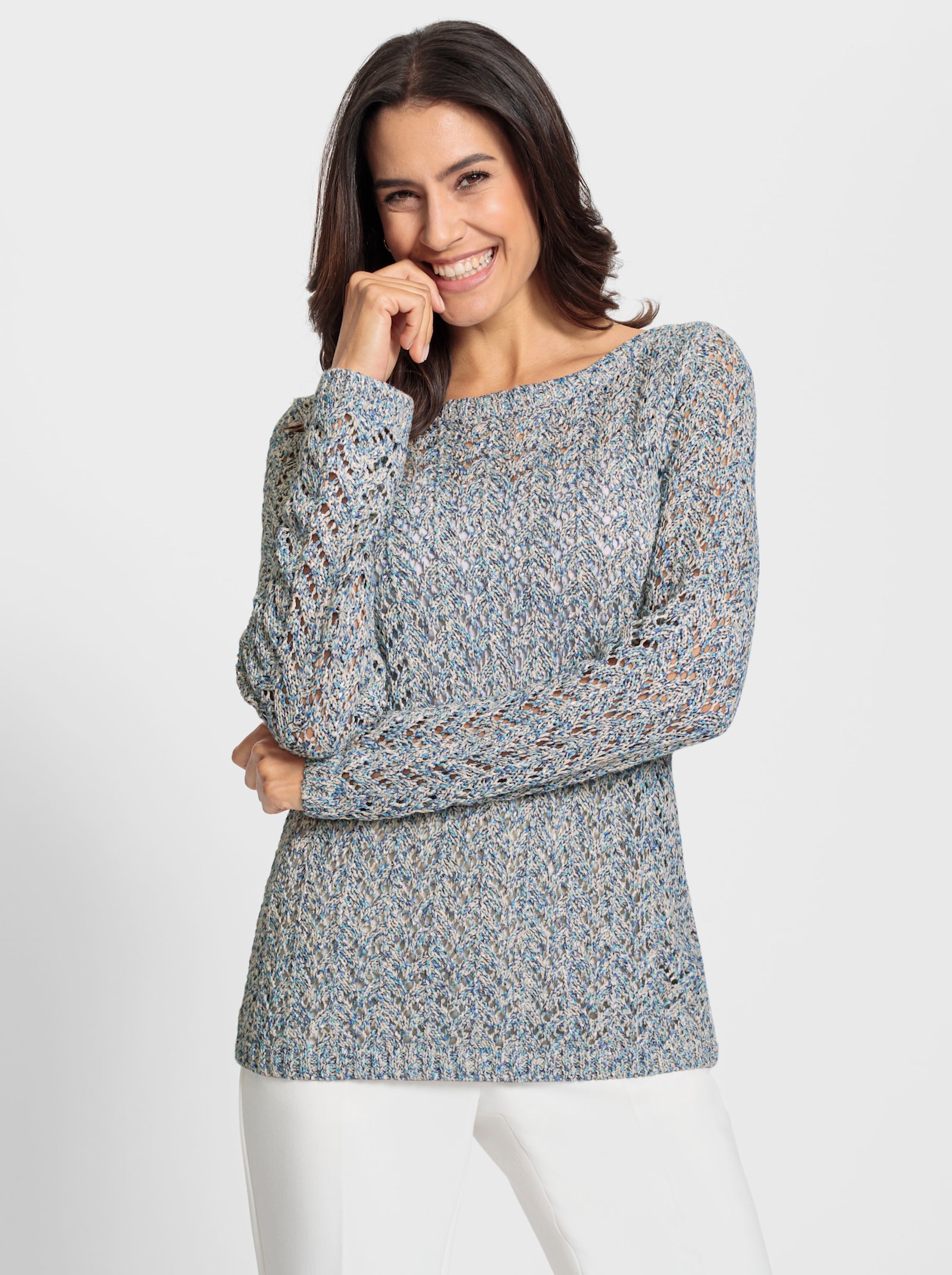 Ajourpullover mit Multicolour-Glitzergarn - rauchblau-meliert