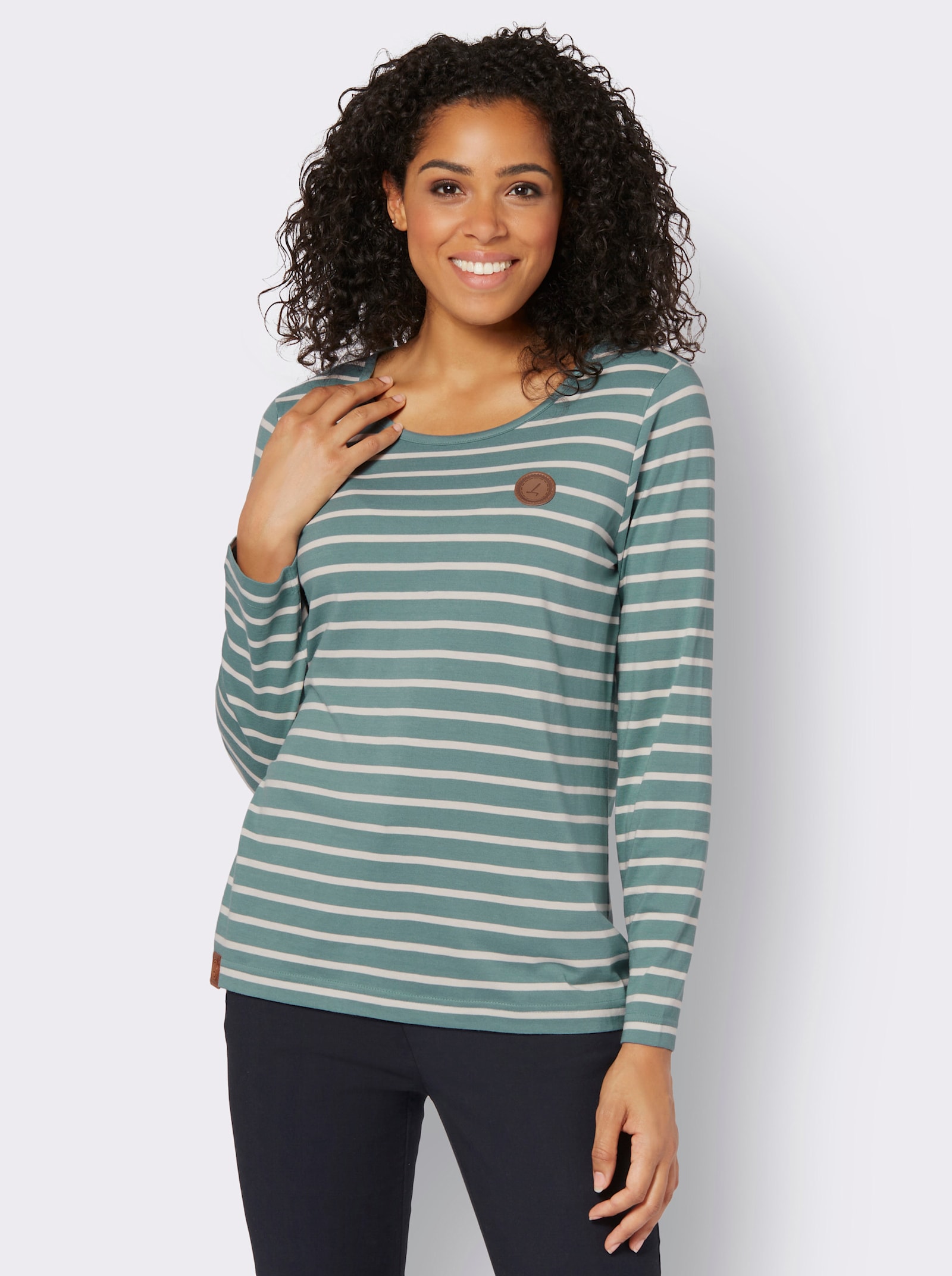 Ringelshirt mit Lederimitat-Patches - jade-ecru-gestreift