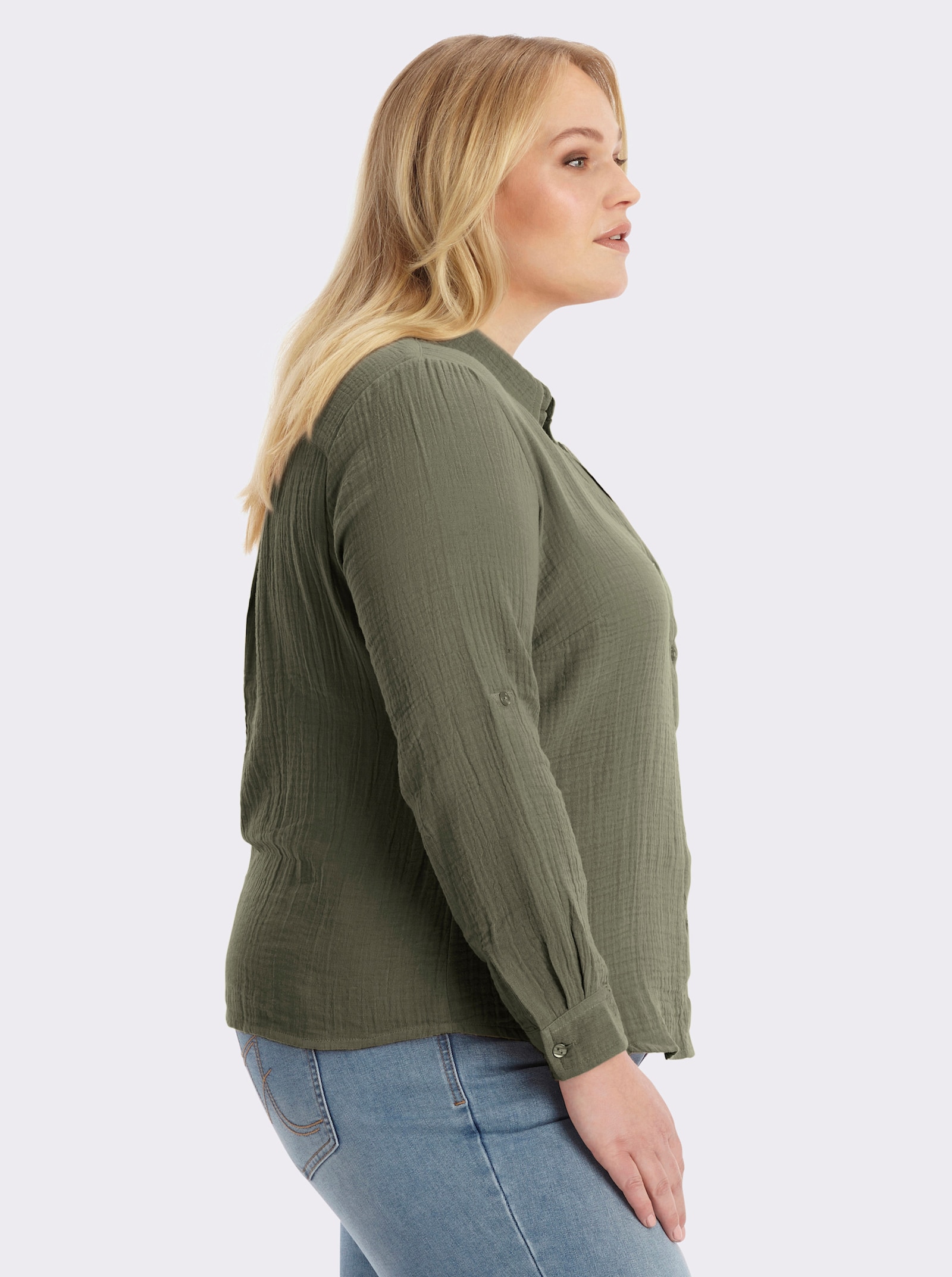Baumwollbluse mit krempelbaren Ärmeln - khaki