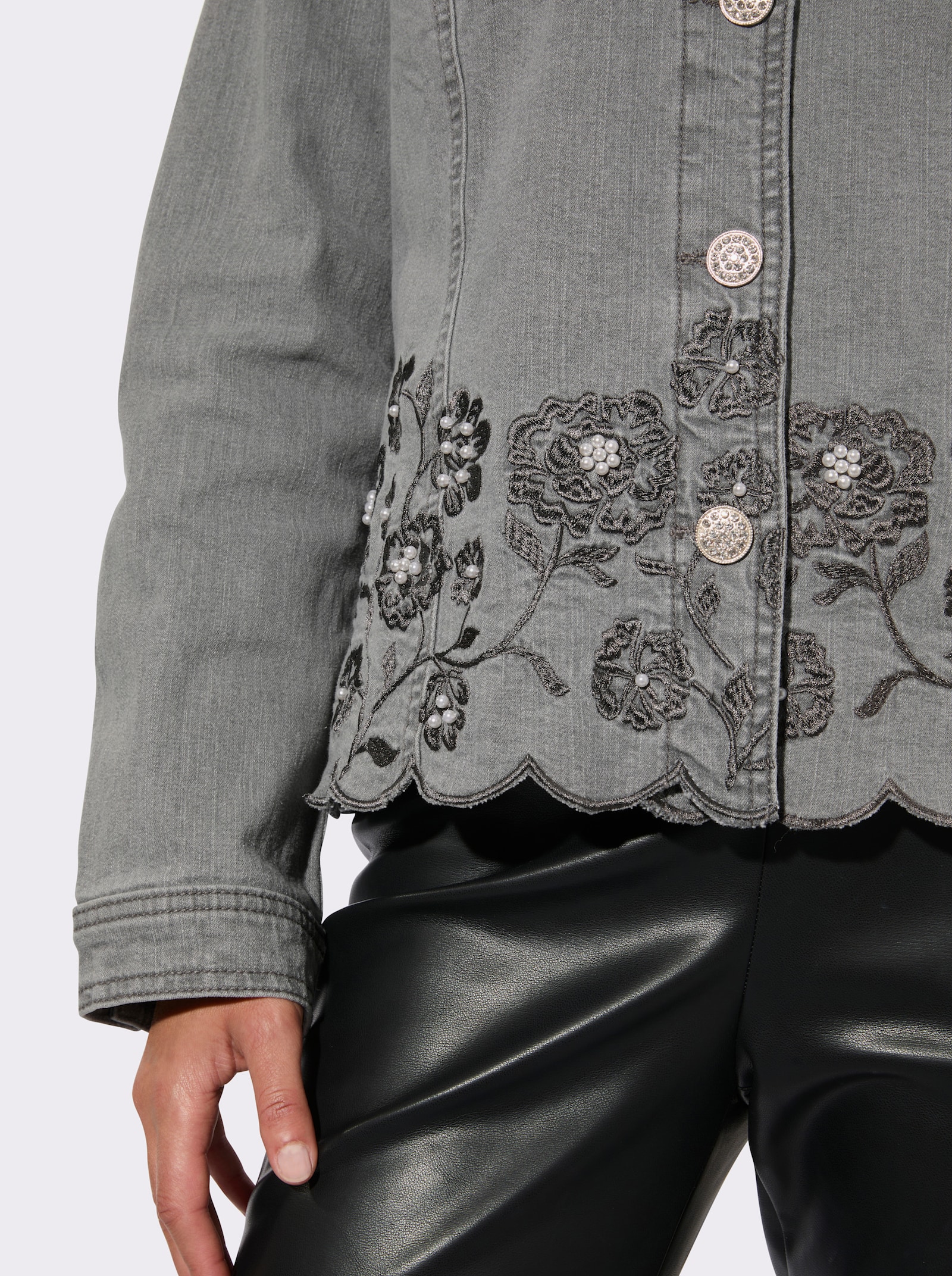 Jeansblazer mit Blütenstickerei - grey-denim