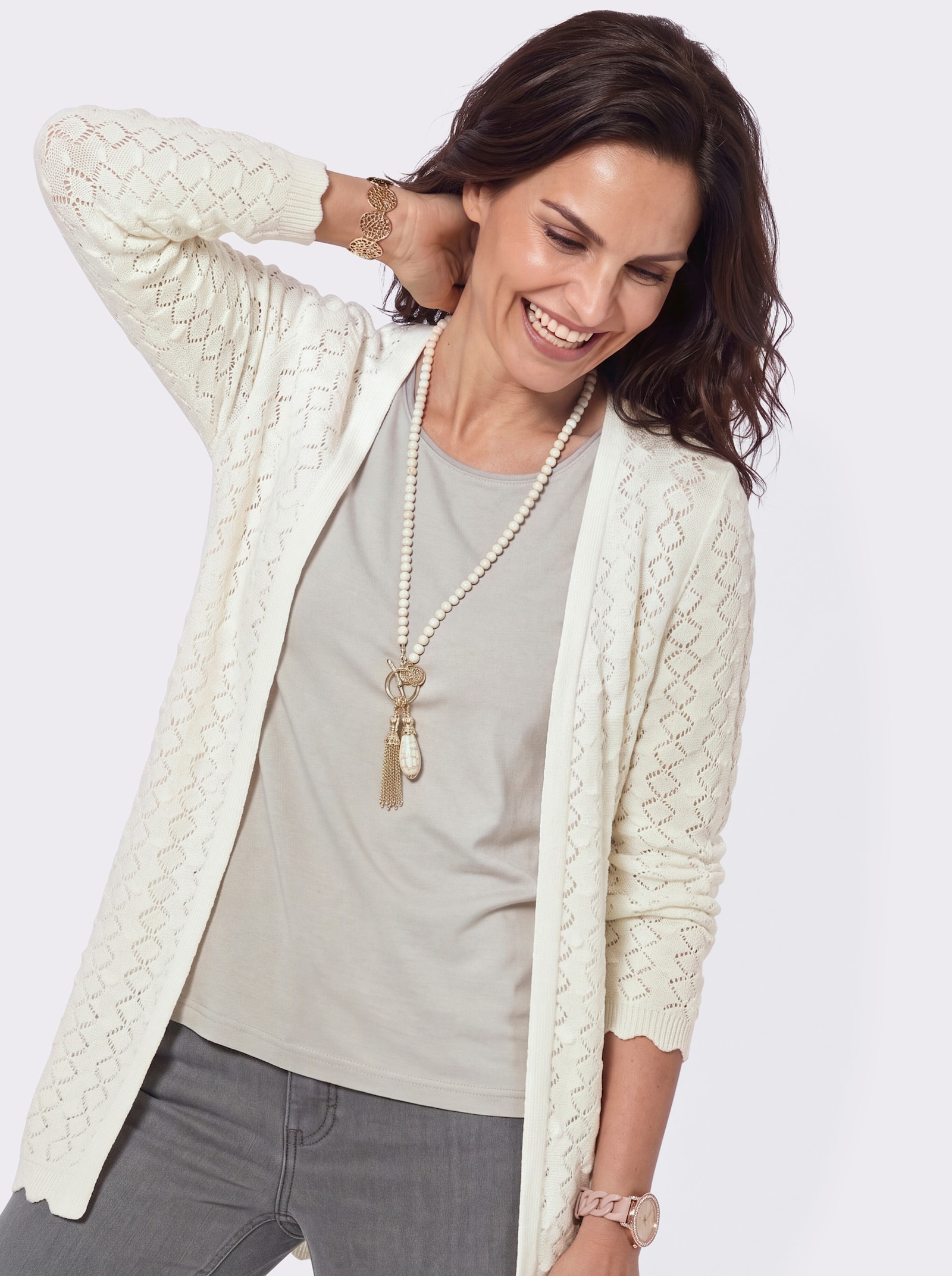 Longstrickjacke mit glattem Rückenteil - ecru
