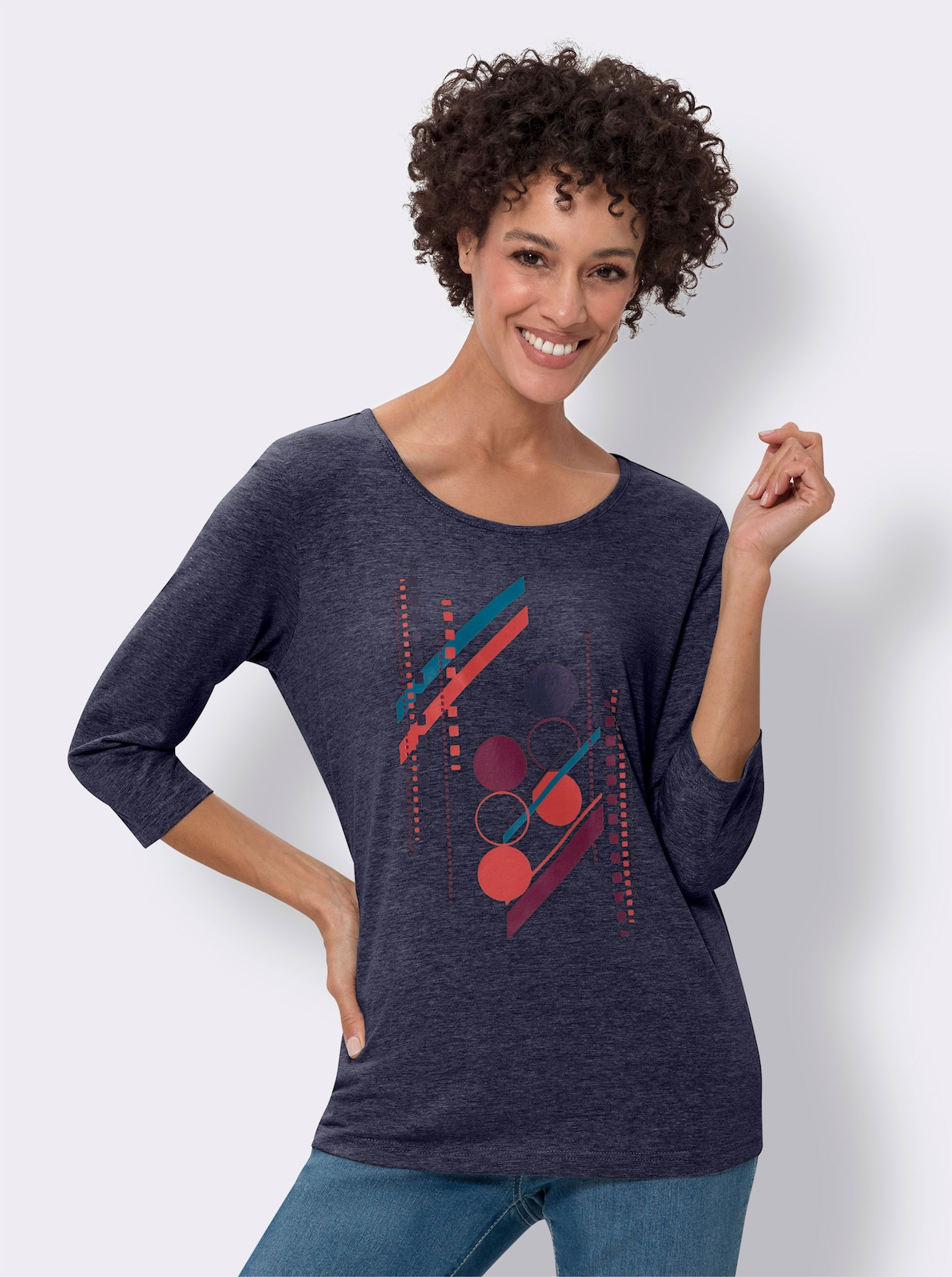 Shirt met 3/4-mouwen en grafisch motief - marine/terra