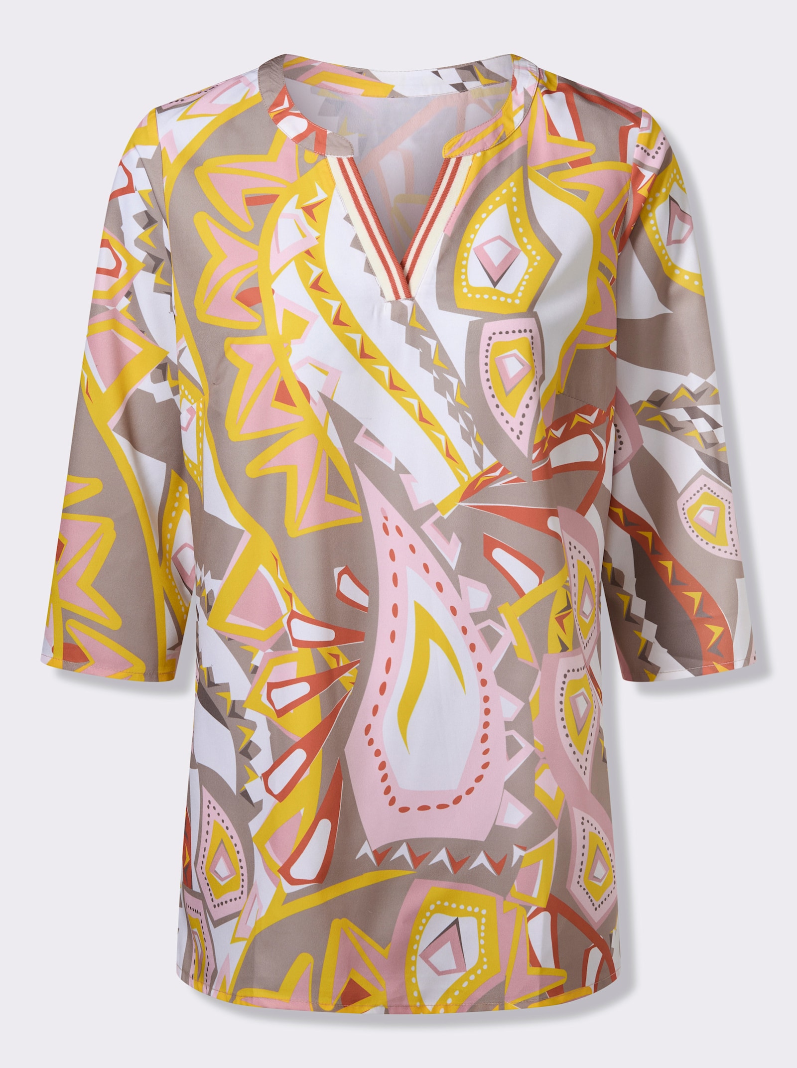 Longbluse mit gestreiftem Ripsband - sonnengelb-ecru-bedruckt