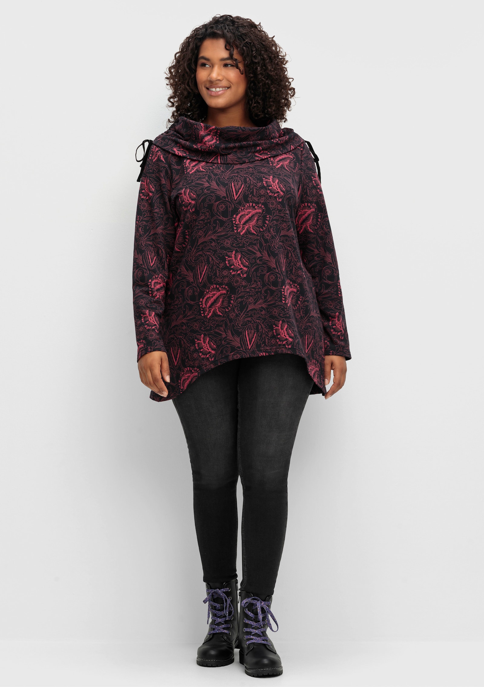 sheego by Joe Browns Sweatshirt mit weitem Schalkragen - beere-gemustert