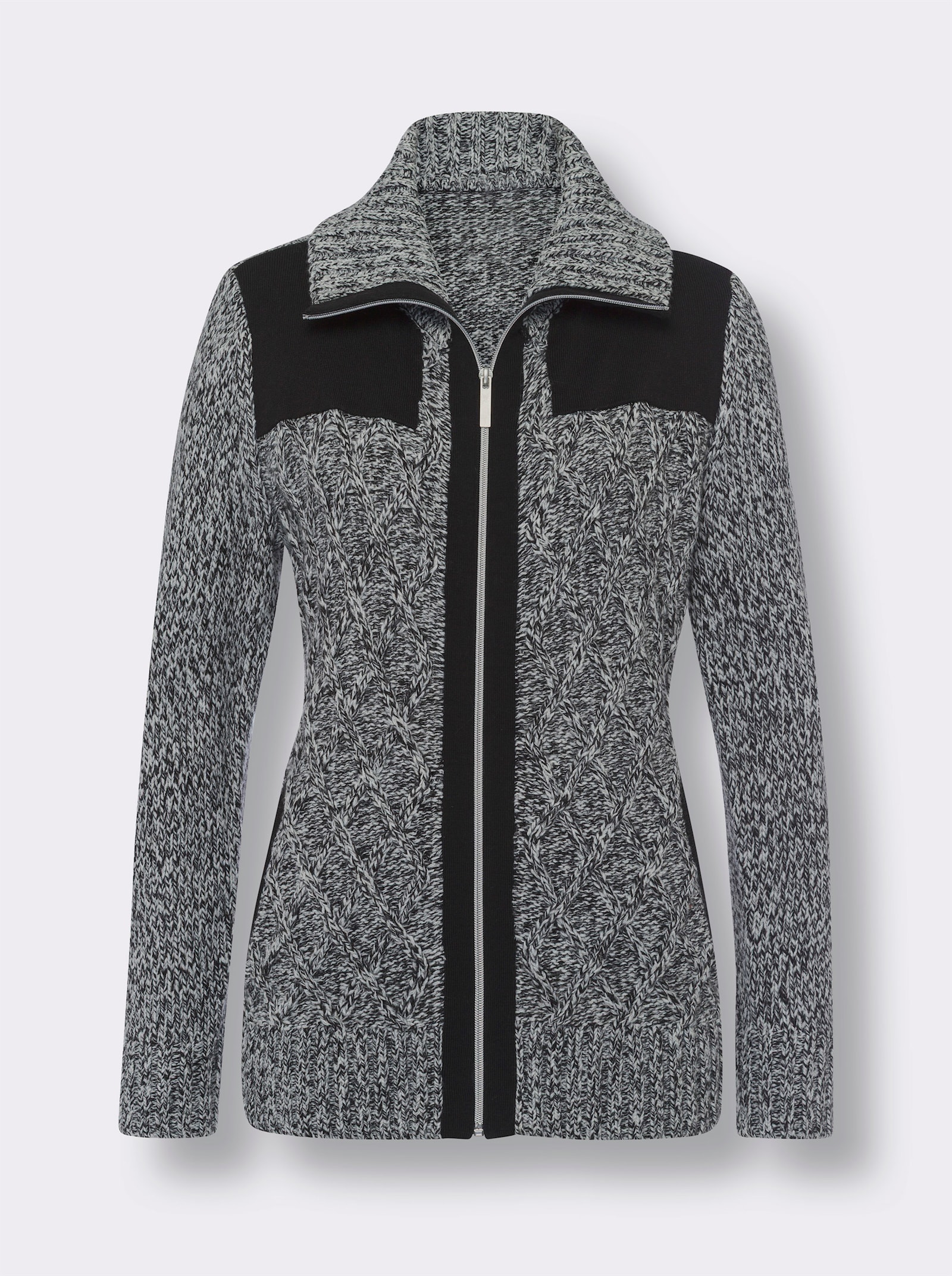 Strickjacke mit kontrastfarbigen Einsätzen - schwarz-ecru-meliert