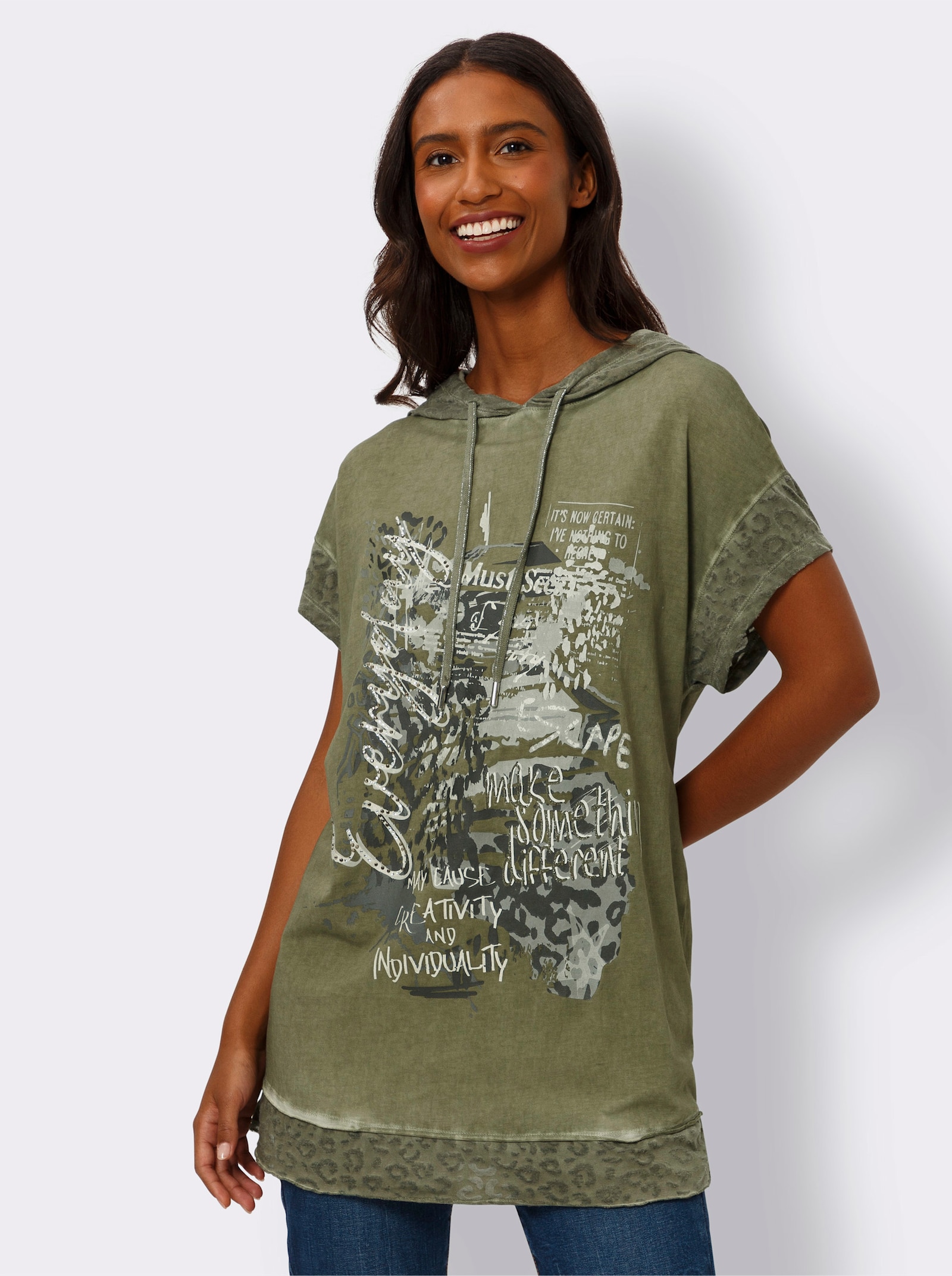 heine T-shirt in oil-dyed-stijl - kaki