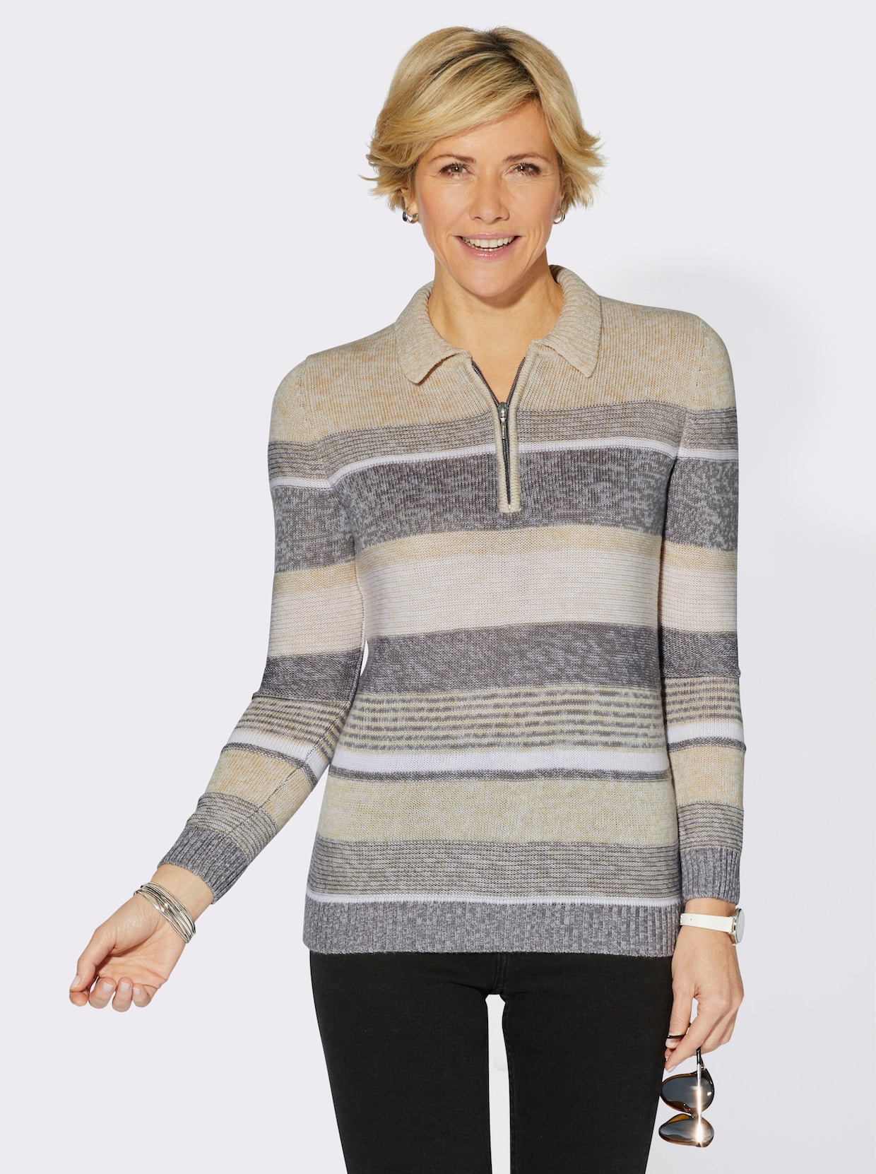 Polopullover - grau-champagner-geringelt
