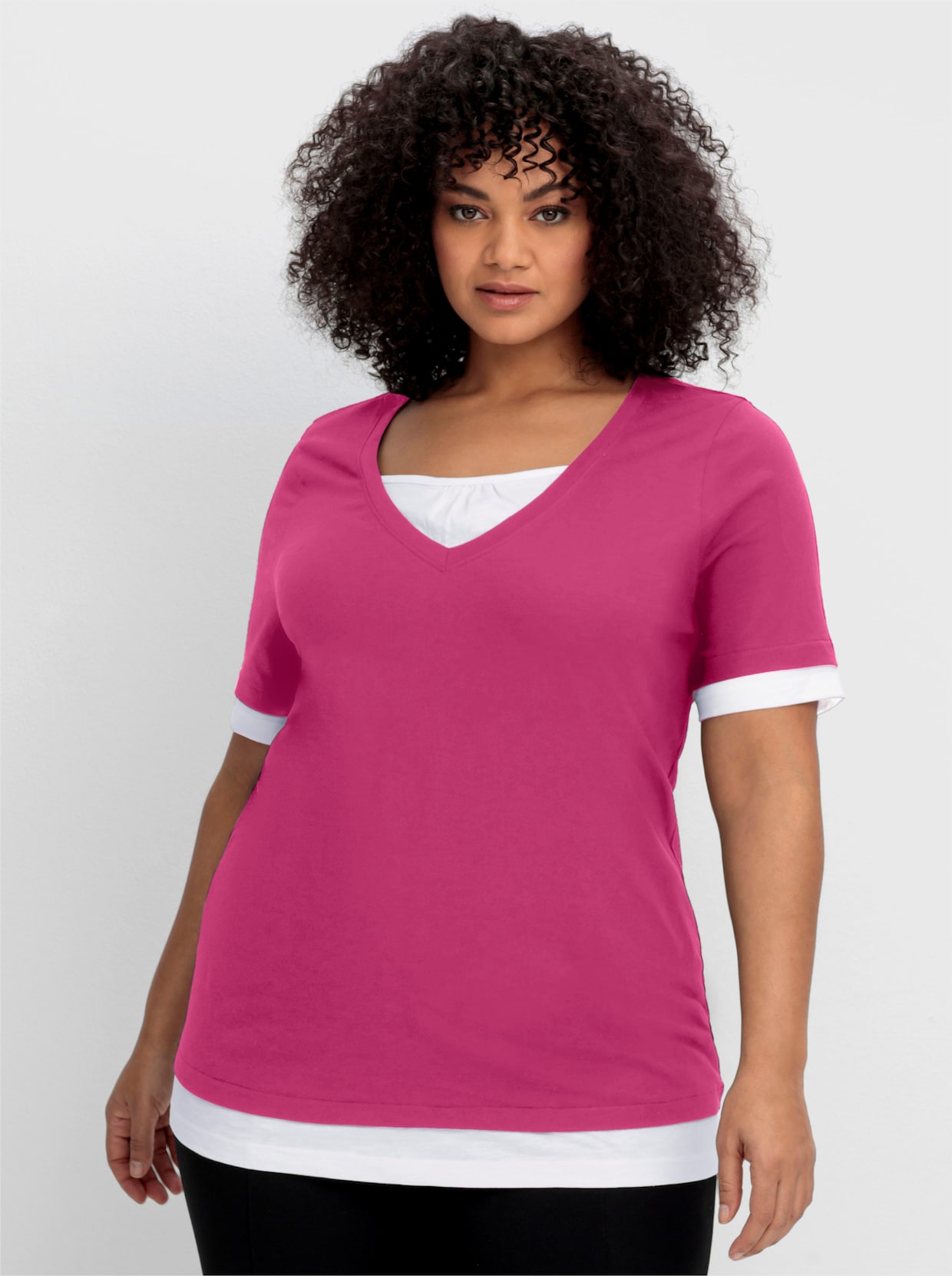 sheego 2-in-1-Shirt mit V-Ausschnitt - fuchsia-weiß