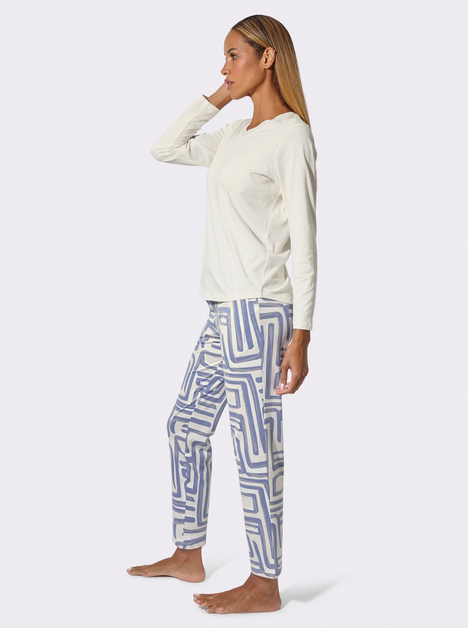 wäschepur Schlafanzug , Hose mit 2 Taschen - champagner-rauchblau-bedruckt