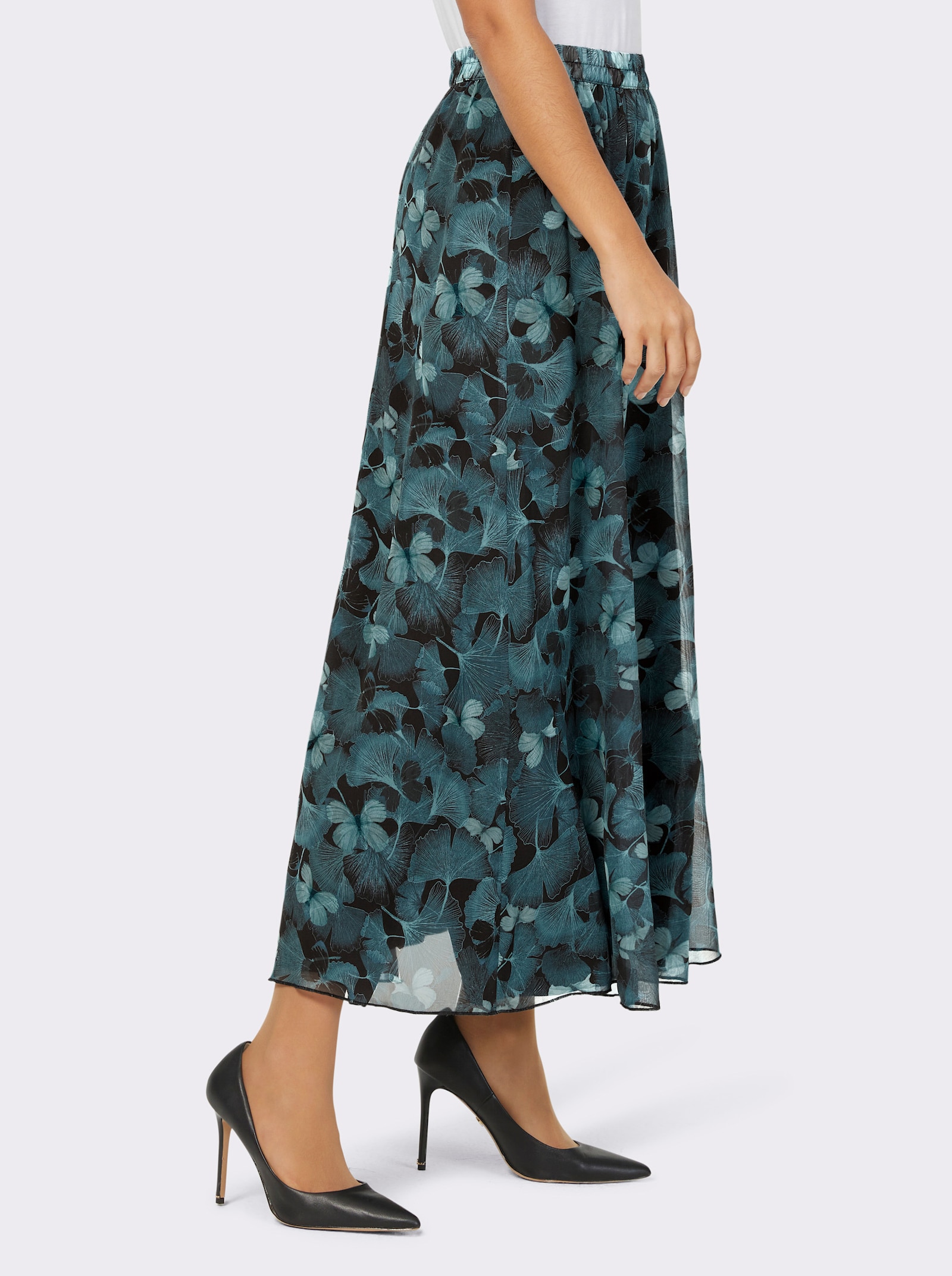 A-lijn-rok met comfortband rondom - zwart/petrol bedrukt