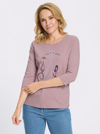 3/4-Arm-Shirt mit Katzen-Druck - mauve-traube-bedruckt