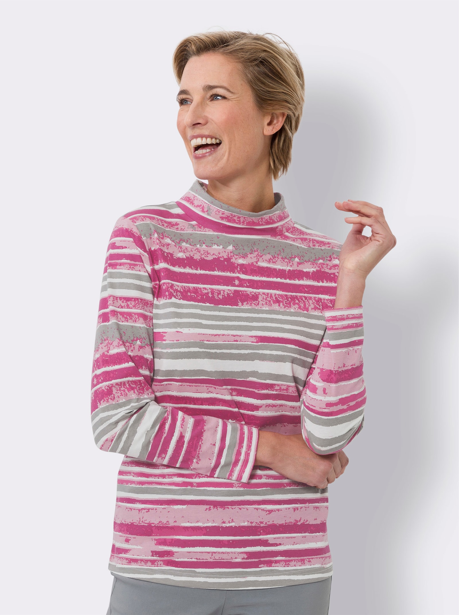 Tričko se stojáčkem a proužkovaným vzorem - starorůžová-šedá-potisk