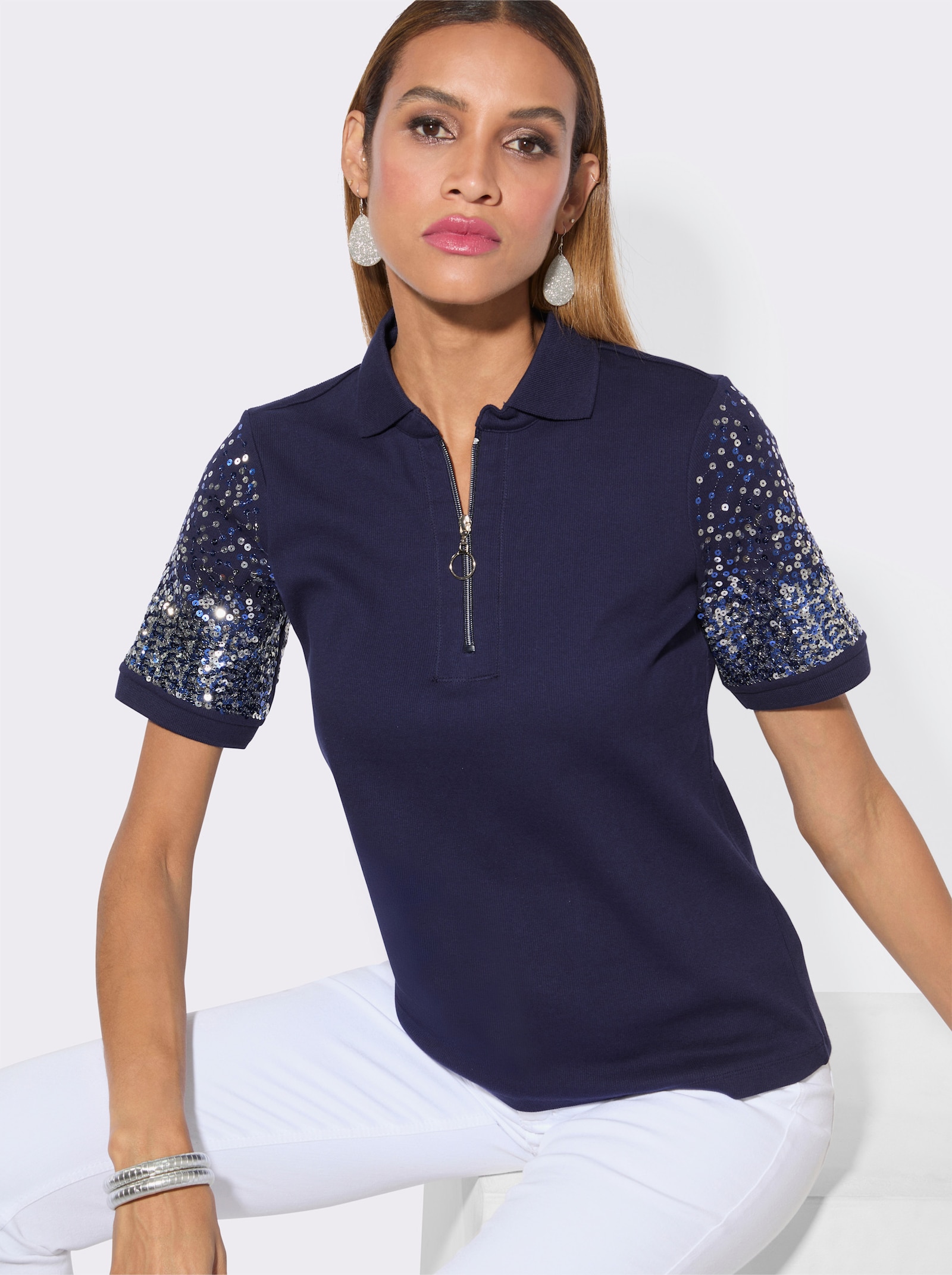 Poloshirt mit Pailletten-Dekor - marine