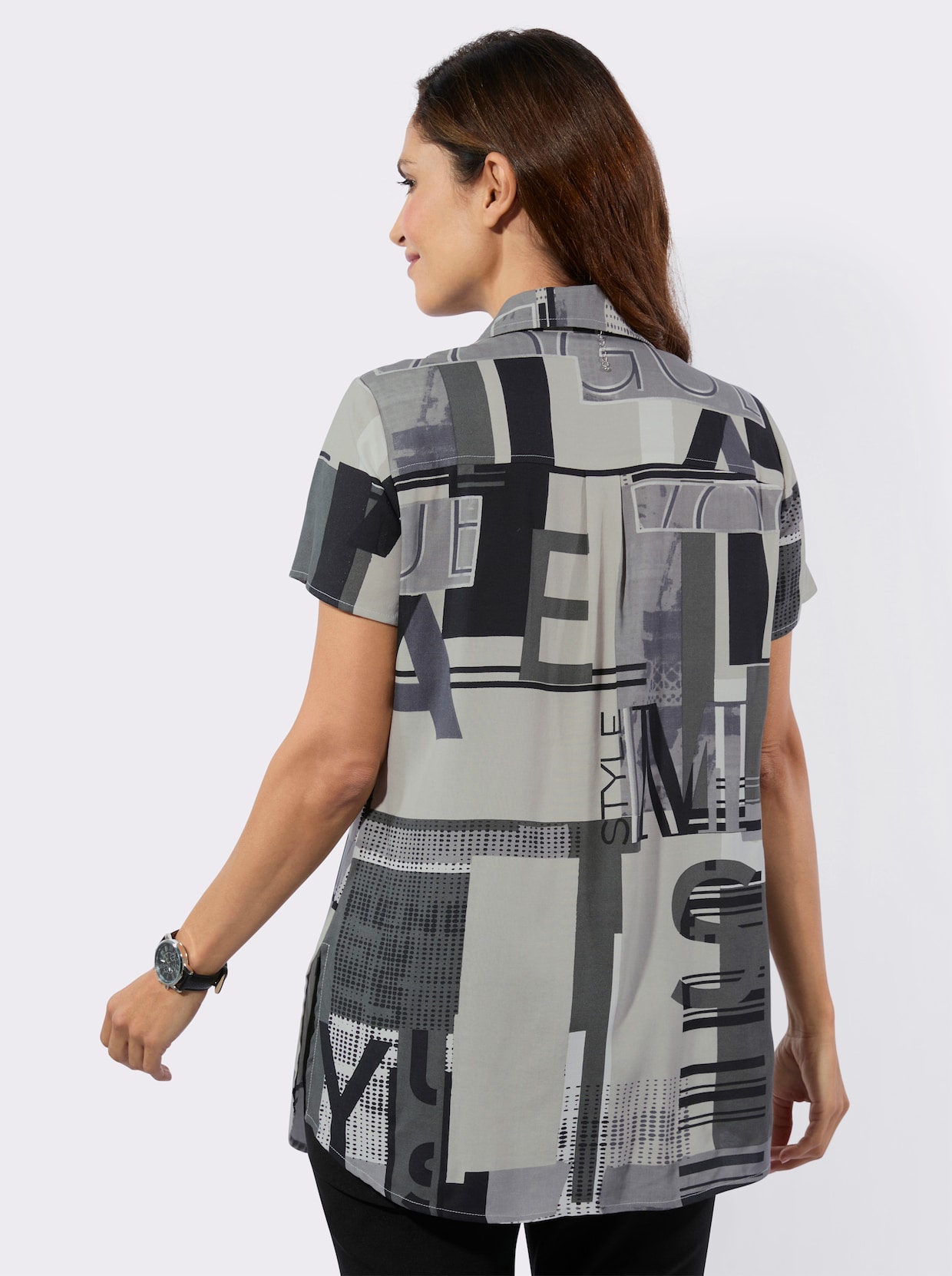 Longbluse - schwarz-ecru-bedruckt