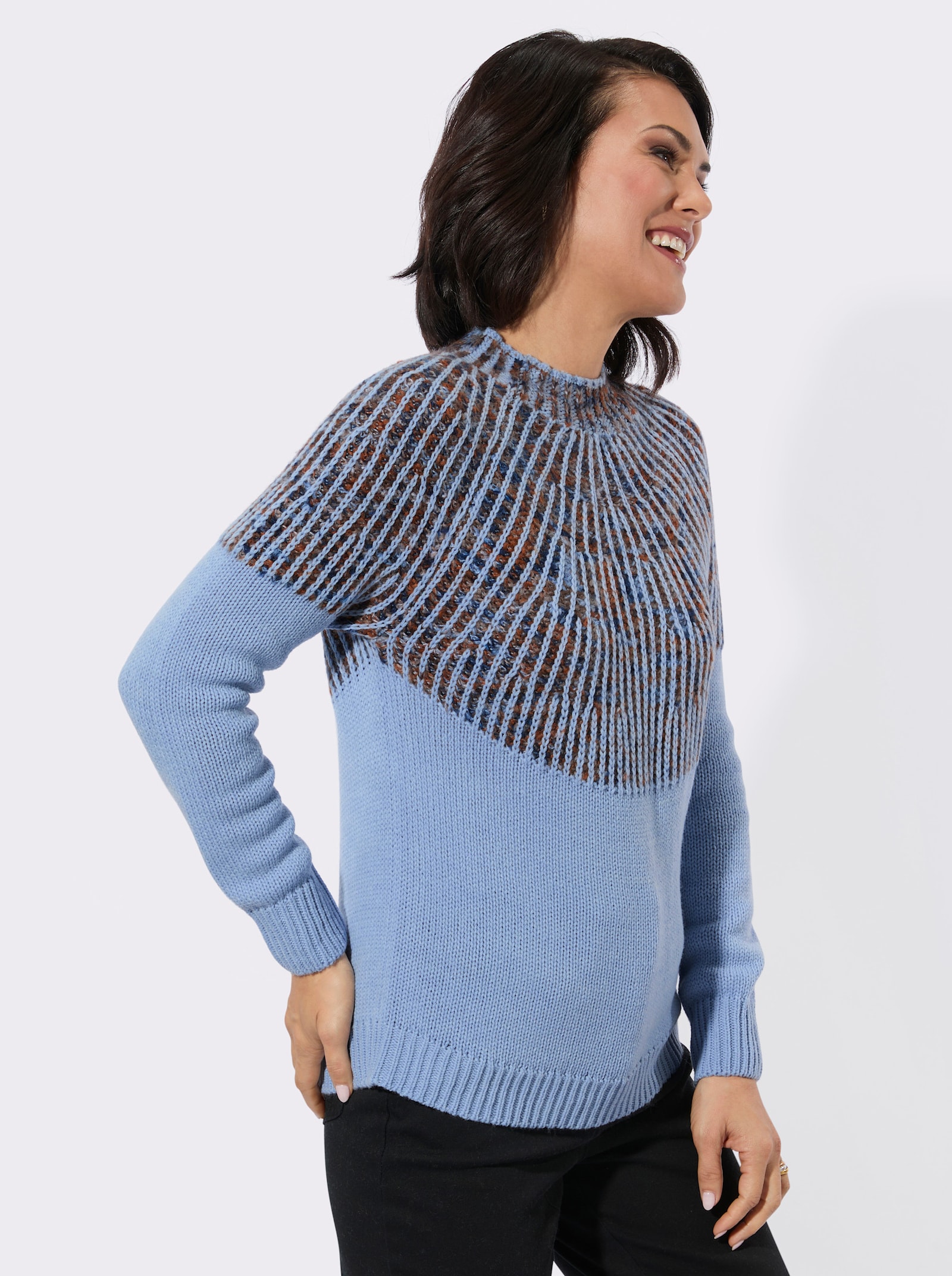 Norwegerpullover mit Rippabschlüssen - bleu-cognac-gemustert