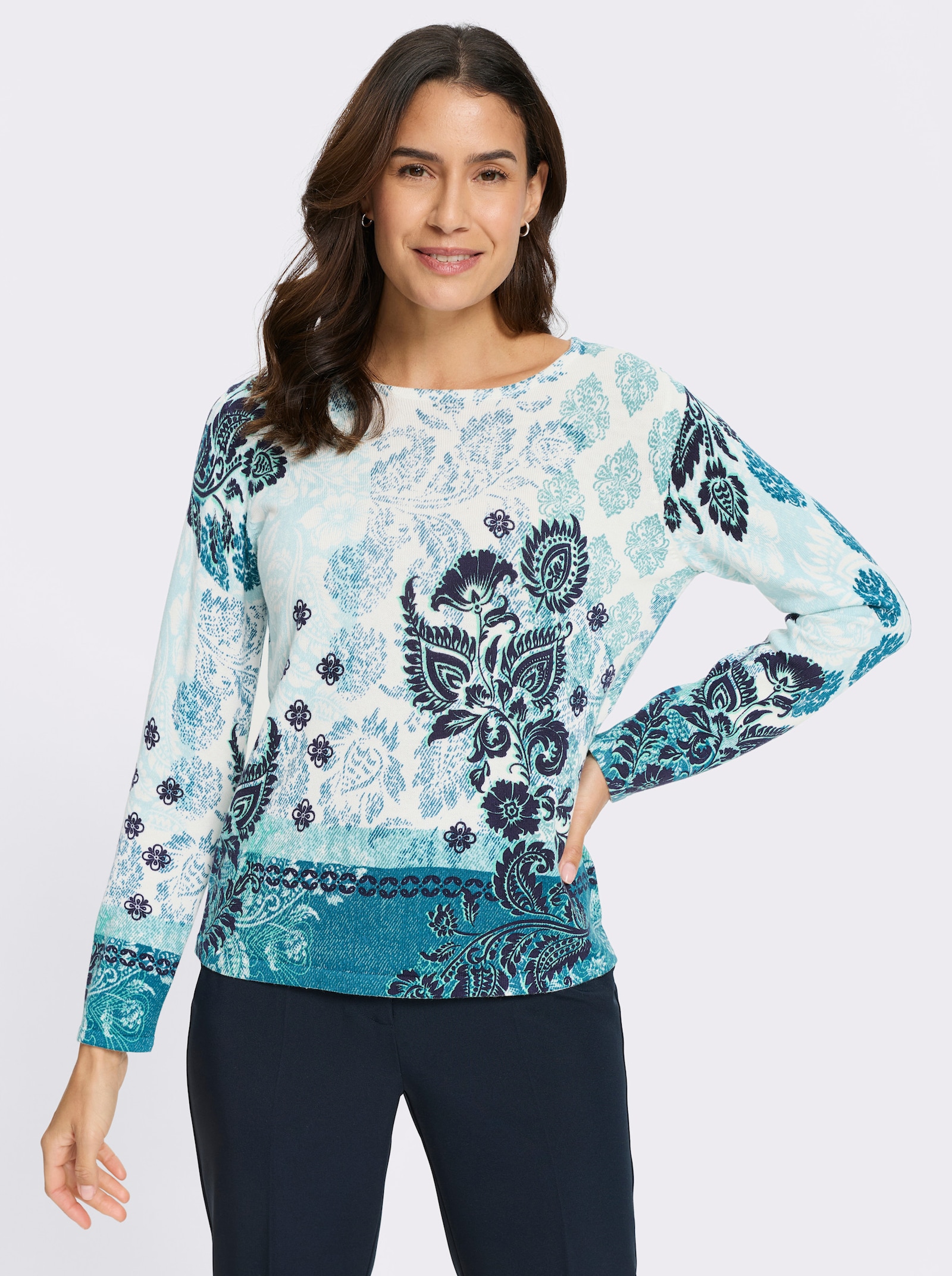 Feinstrickpullover mit platziertem Druck allover - ecru-ozean-bedruckt