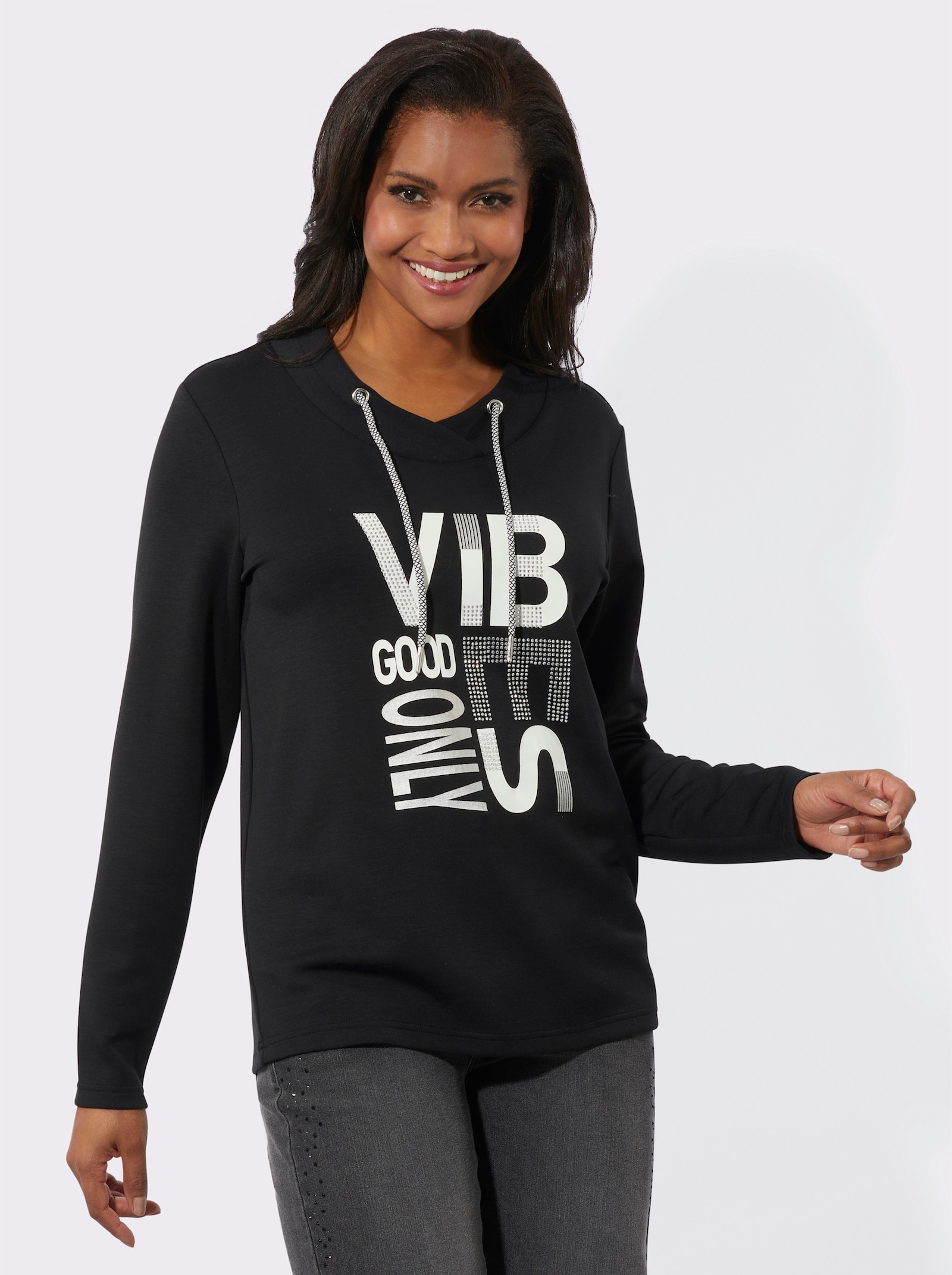 Langarmshirt mit silberfarbigem Print - schwarz