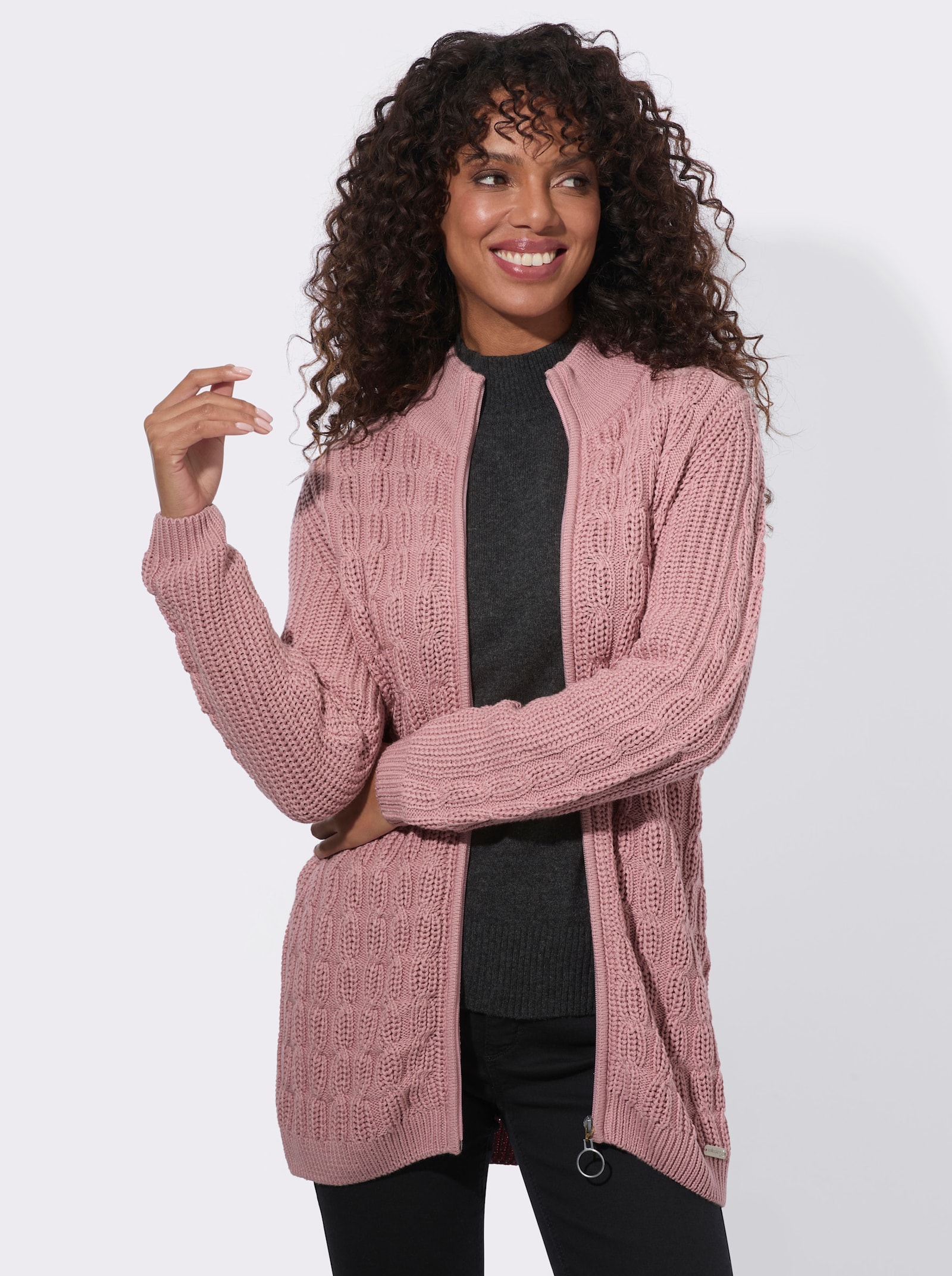  Longstrickjacke mit Zopfmuster - hortensie