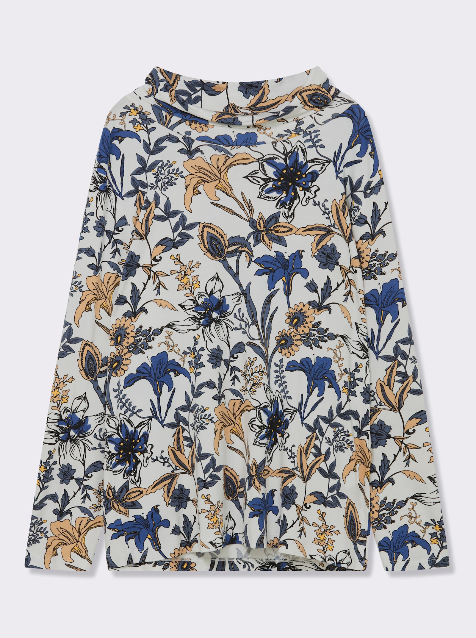 Print-Shirt mit halsfernem Rollkragen - ecru-royalblau-bedruckt