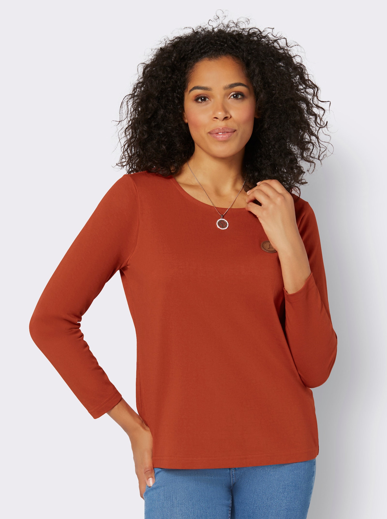 Longsleeve mit paspeliertem Rundhals-Ausschnitt - rostrot