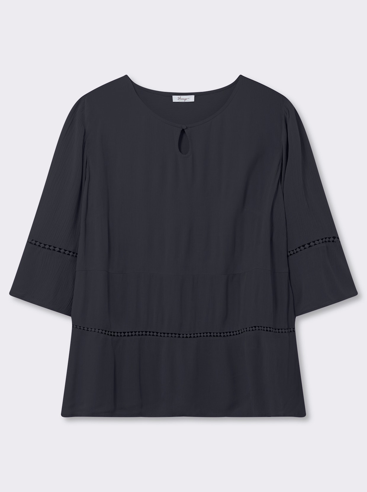 sheego Tunique à manches 3/4 avec bordure au motif ajouré - bleu foncé