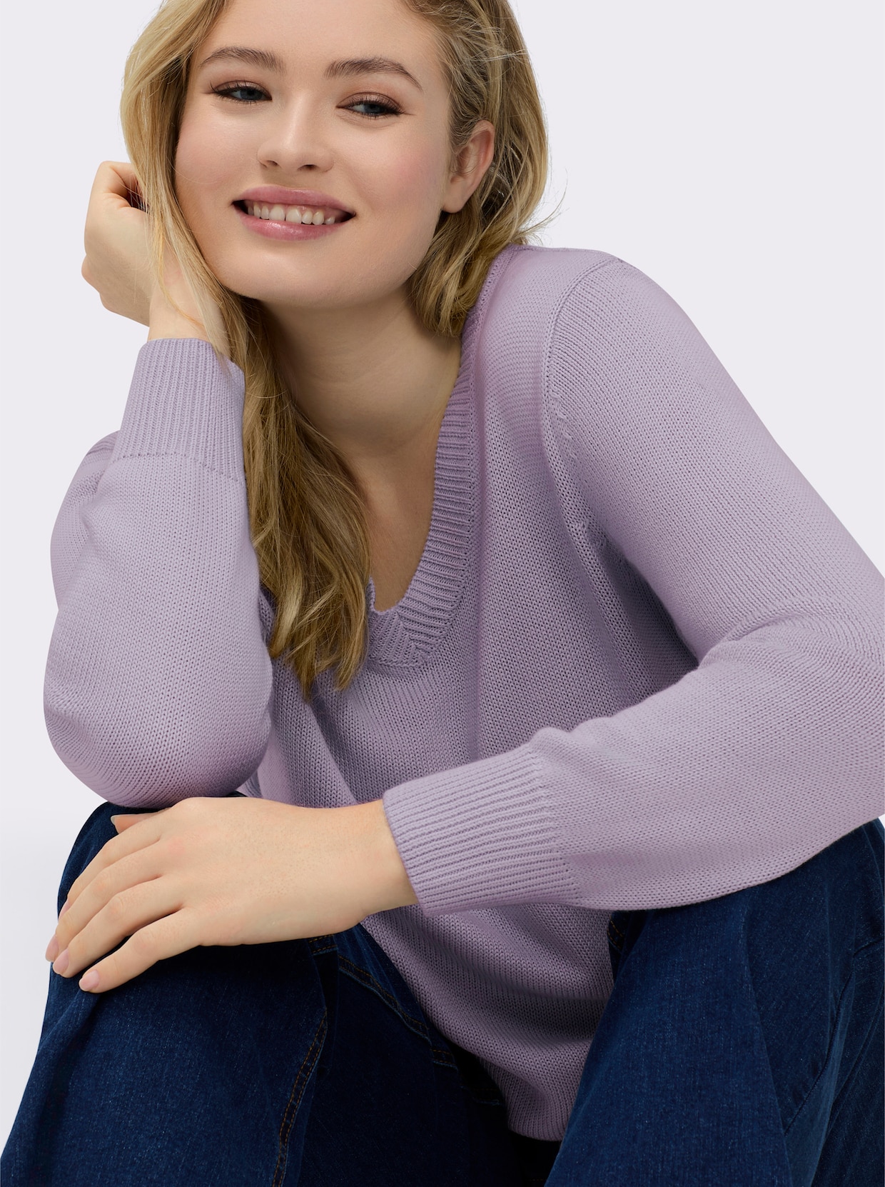 V-Ausschnitt-Pullover mit Baumwolle - flieder