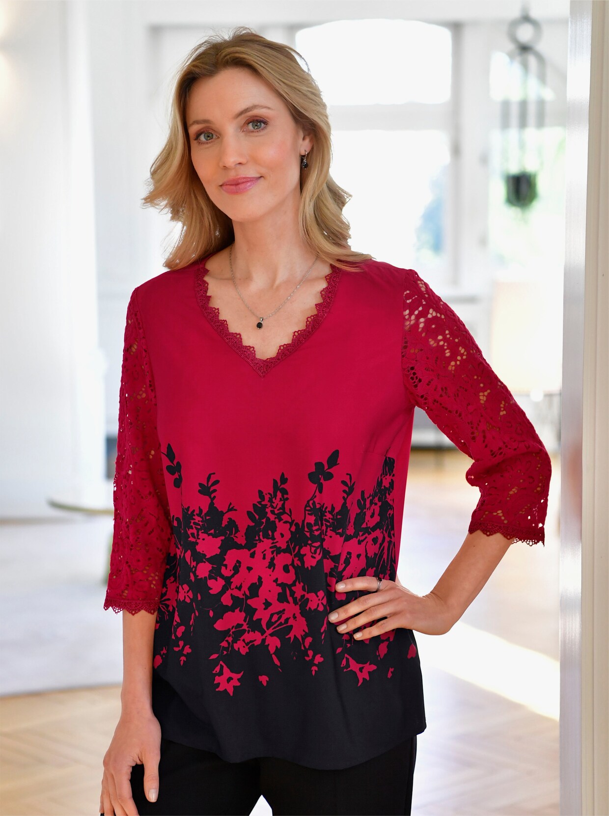 Kanten blouse - rood/zwart geprint